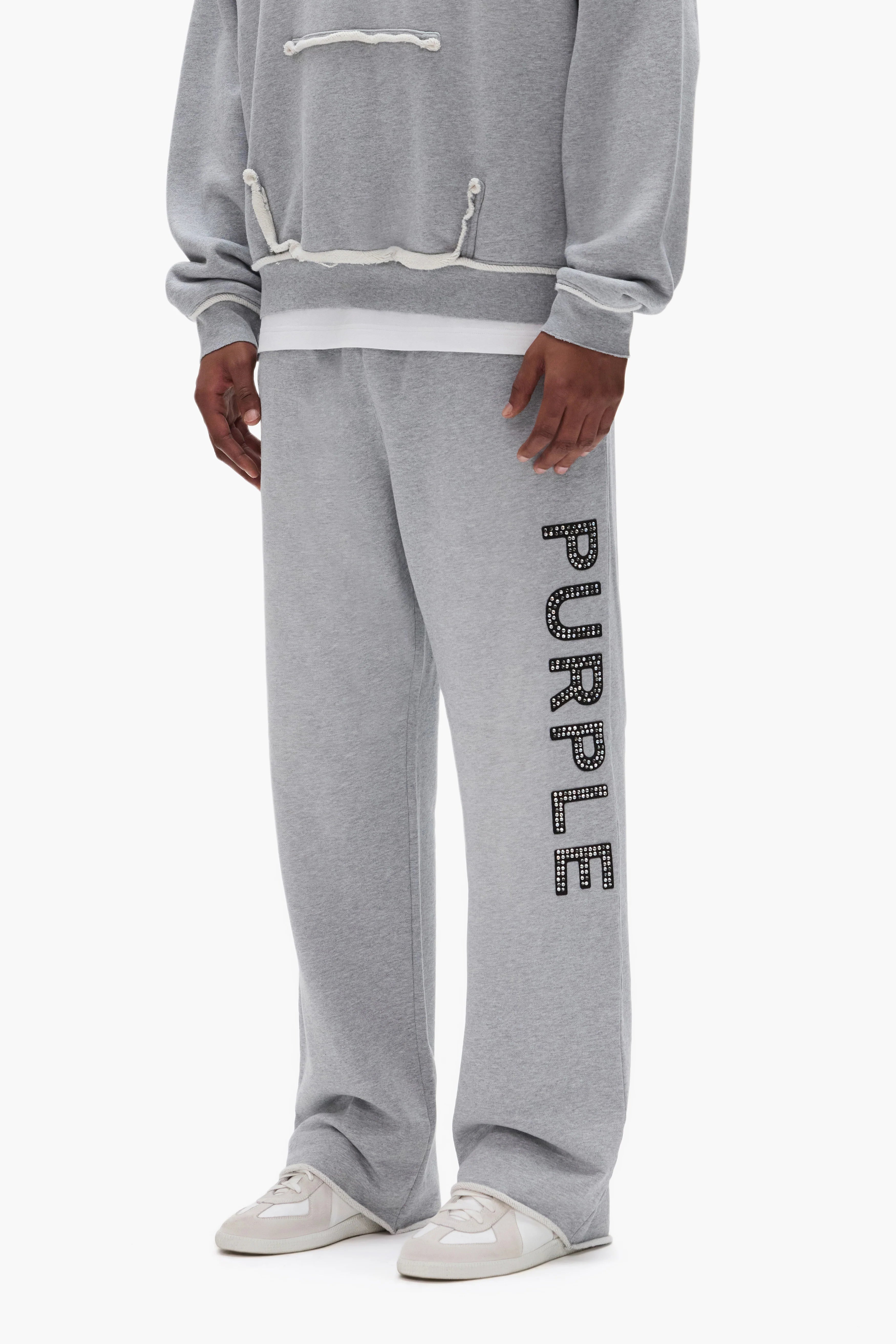 Purple Crystal Applique Sweatpant in gray with detailed crystal embellishments and relaxed streetwear fit.