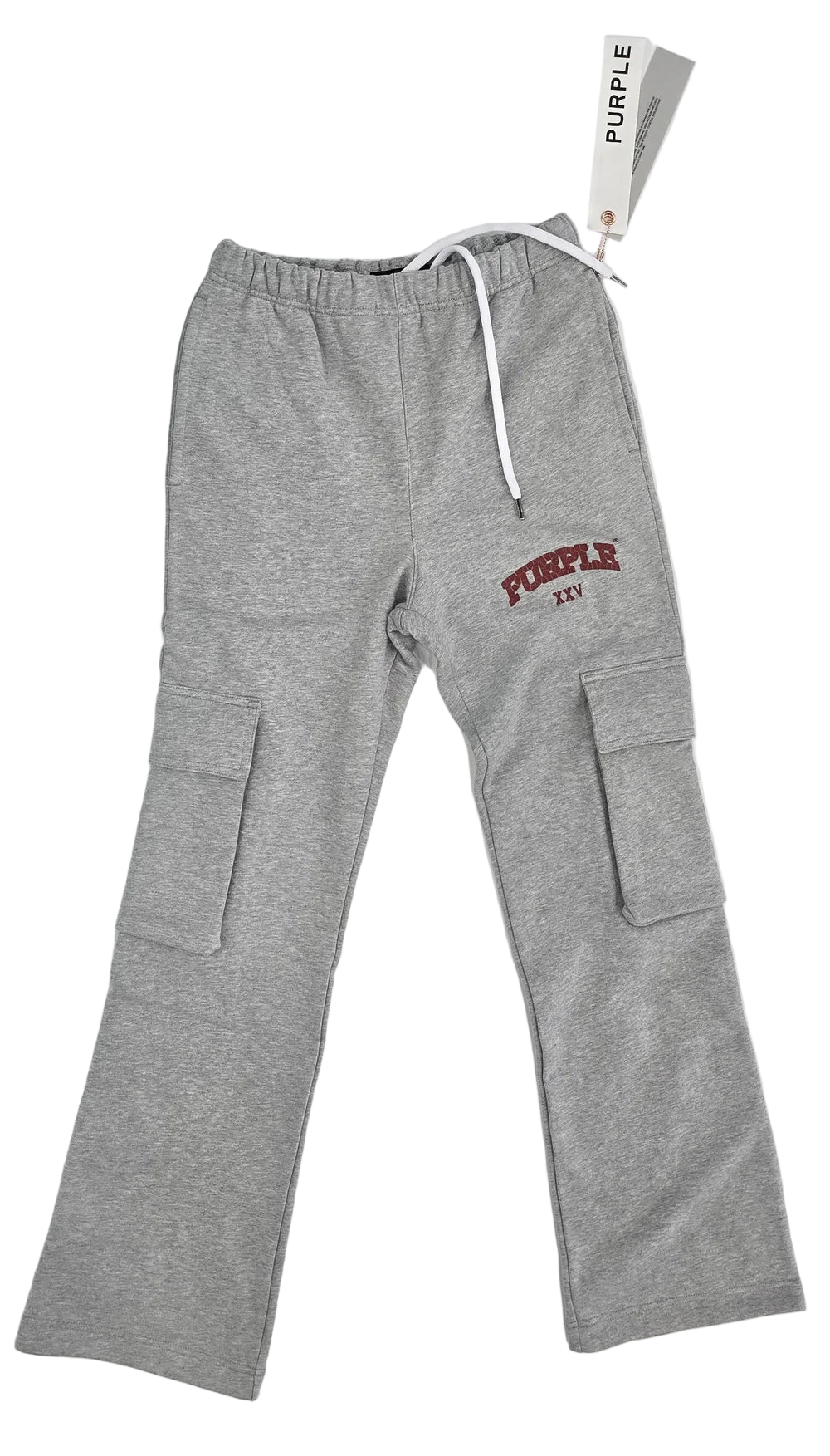 Purple Brand mediumweight fleece cargo pants with relaxed fit and multiple utility pockets