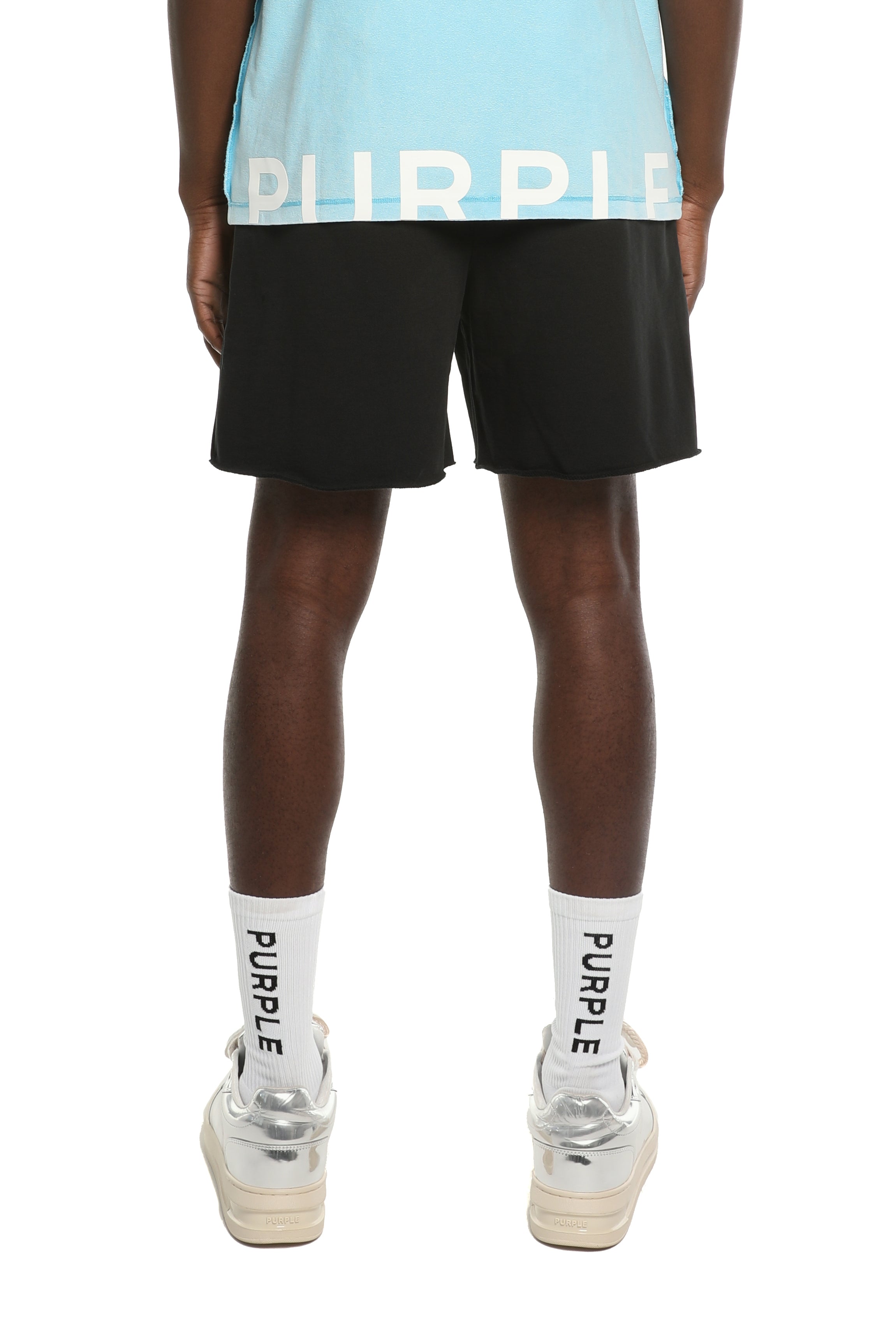 Purple Brand MWT Fleece Shorts in black with unique hand-finished washes