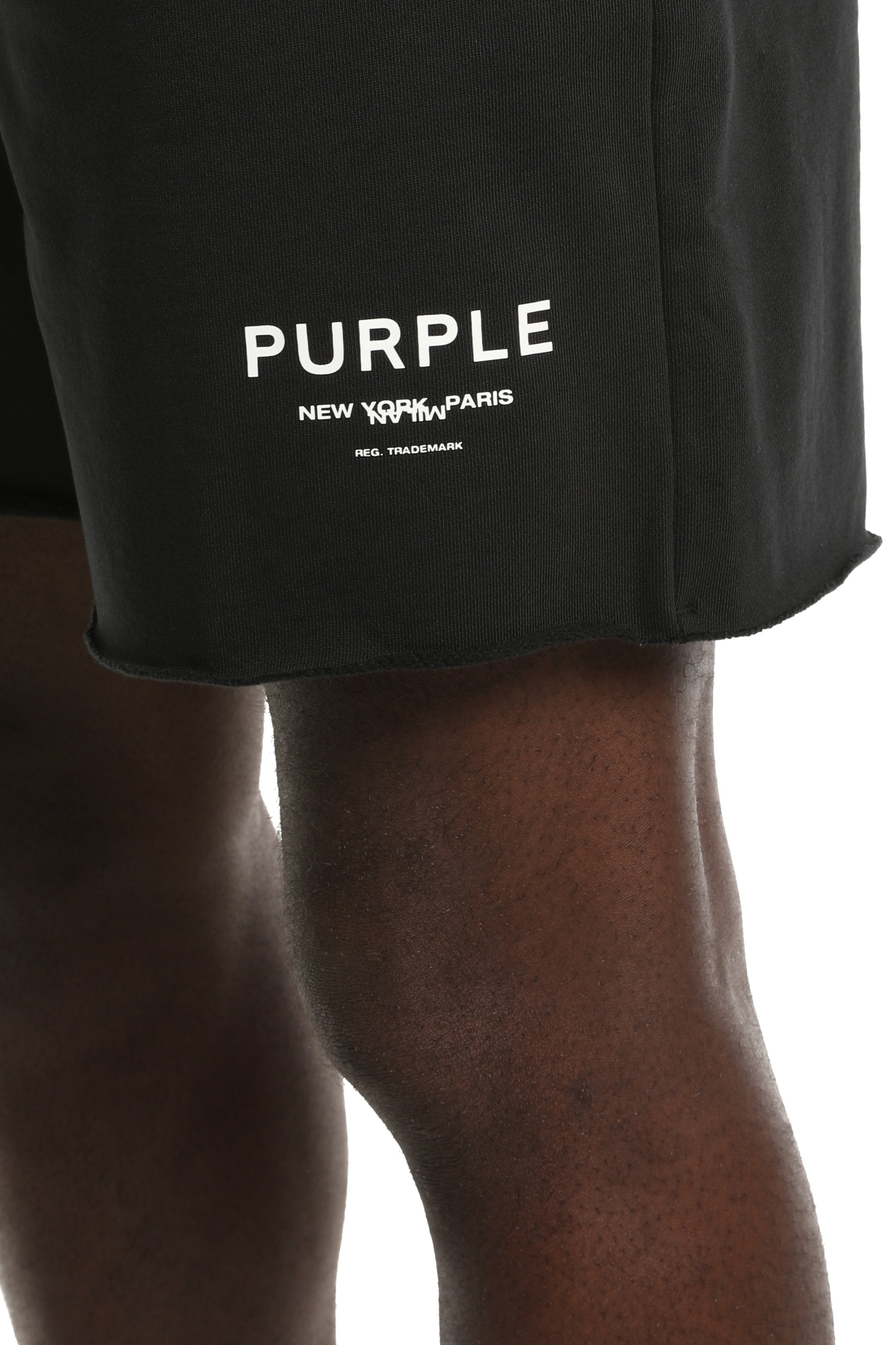 Purple Brand MWT Fleece Shorts in black with unique hand-finished washes