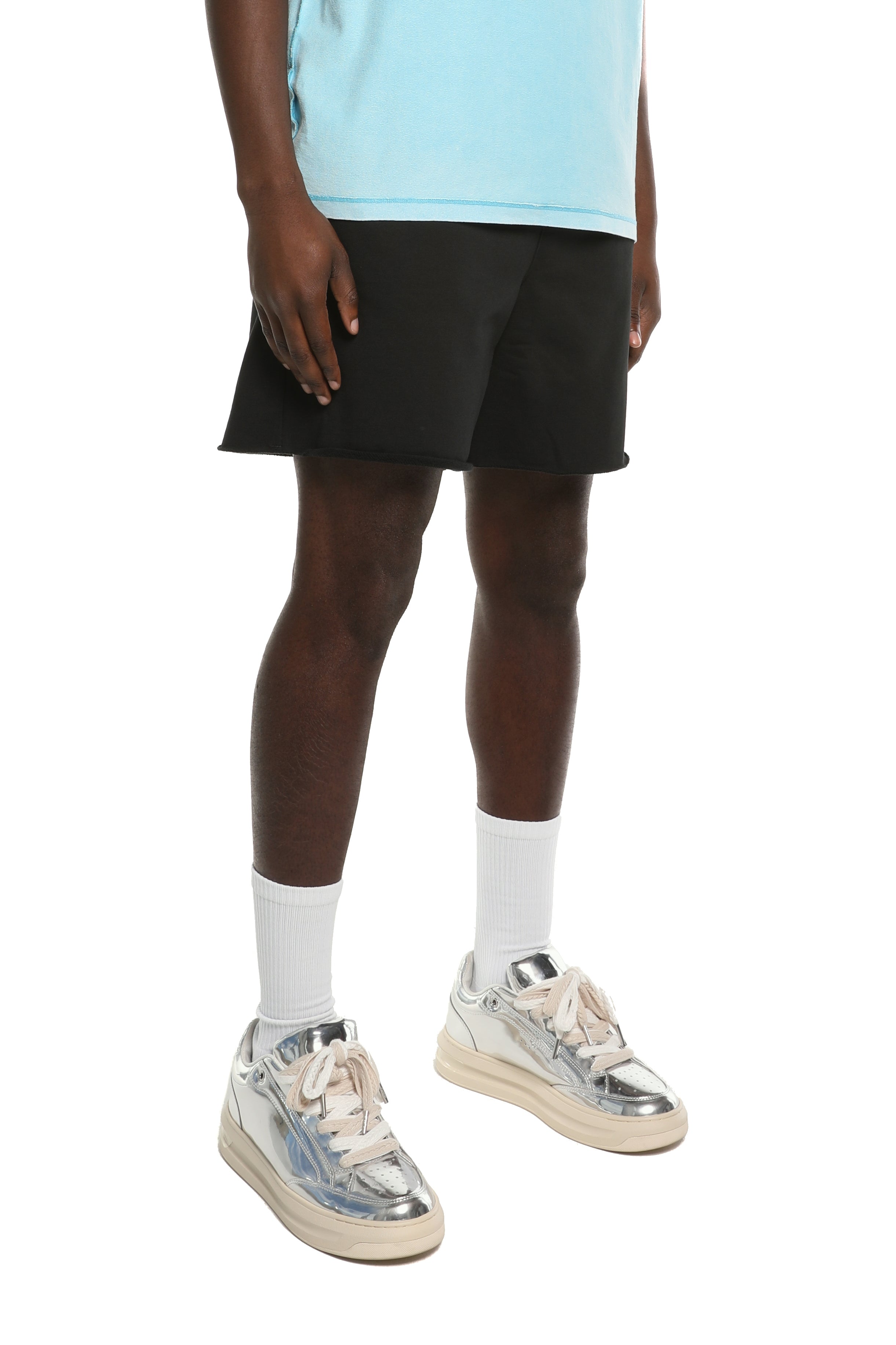 Purple Brand MWT Fleece Shorts in black with unique hand-finished washes