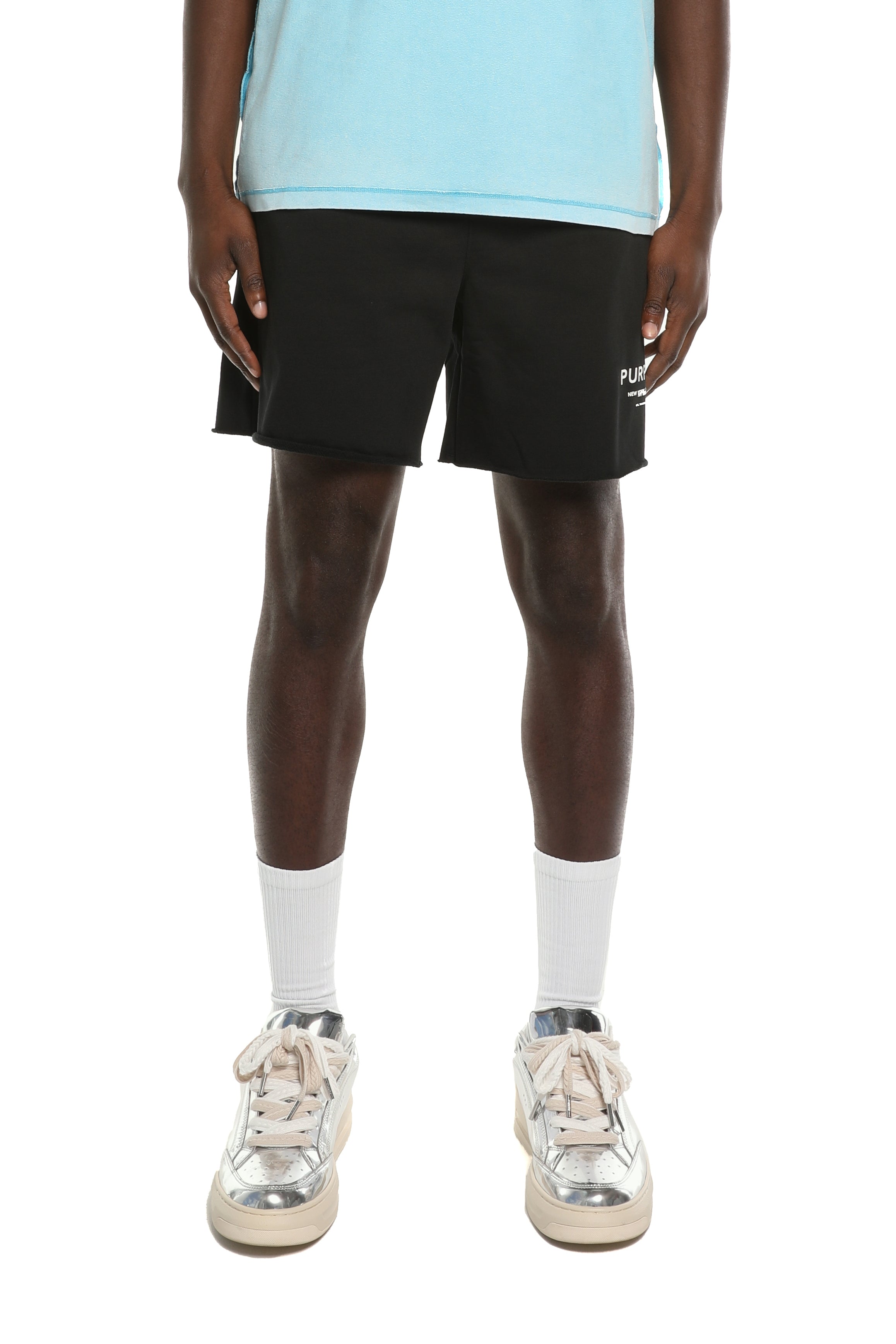 Purple Brand MWT Fleece Shorts in black with unique hand-finished washes