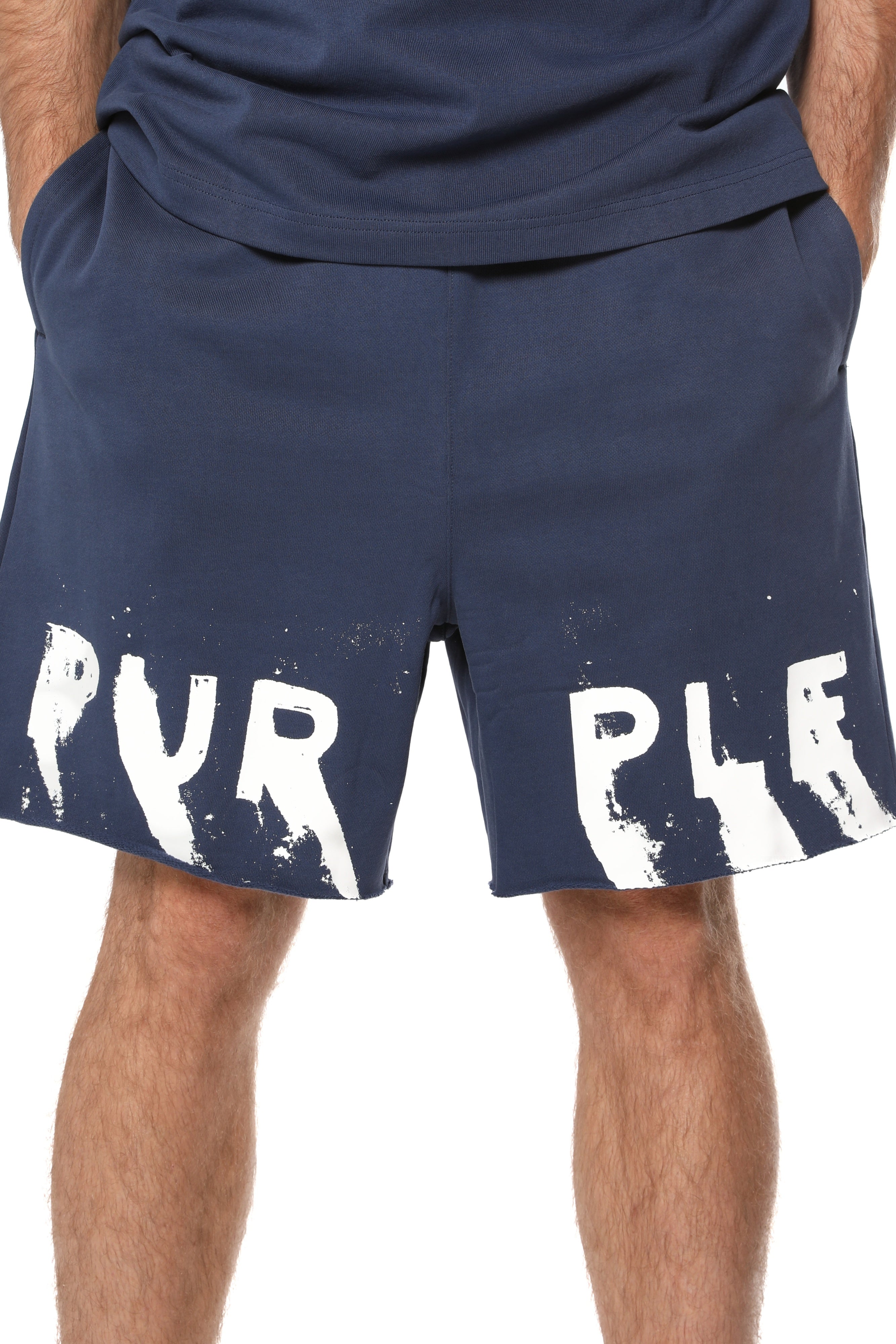 Purple Brand cotton sweat shorts featuring logo lettering on the front legs, a drawstring waistband, raw-edge hem, and two hand pockets.