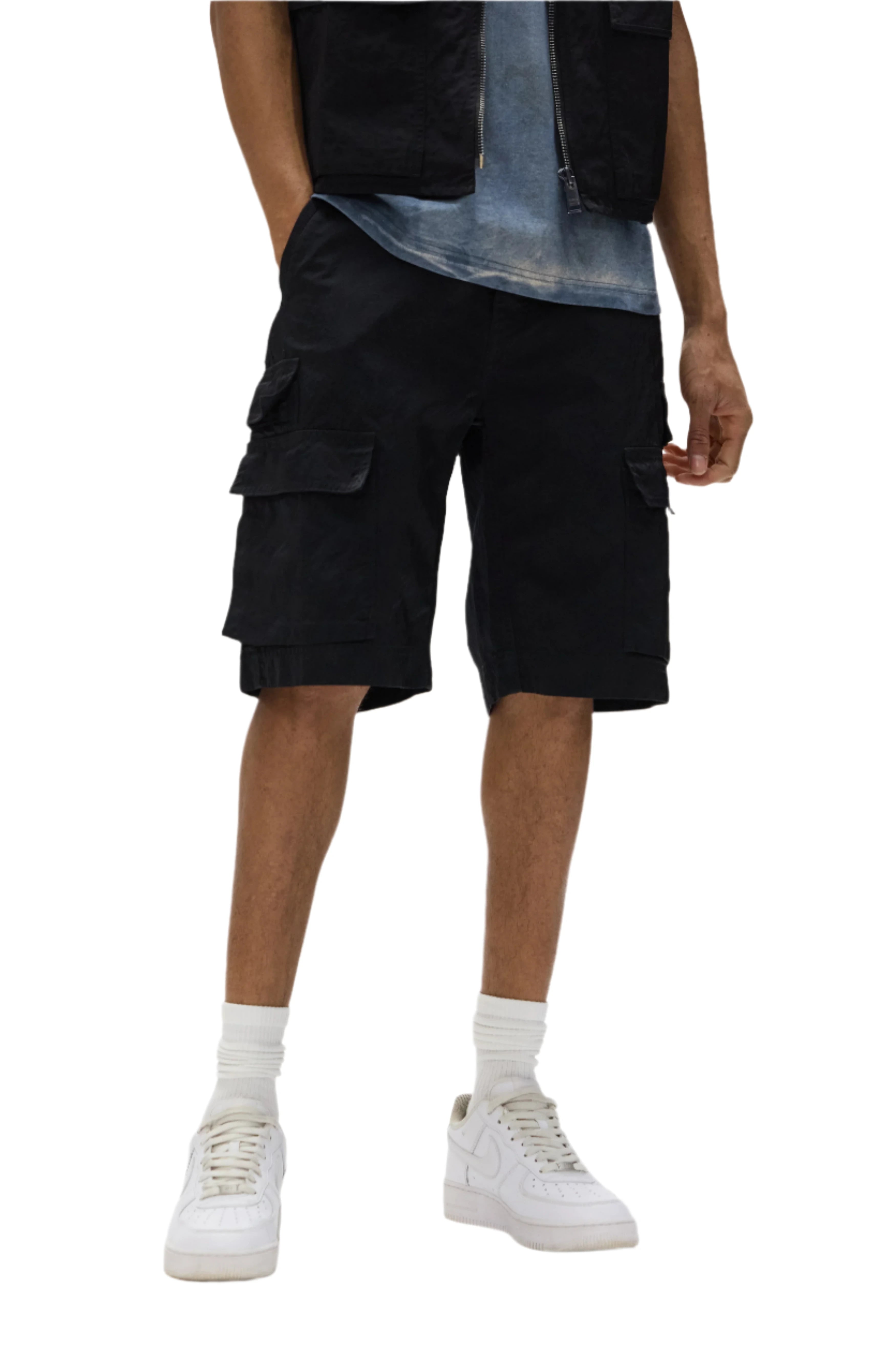 Purple Brand black sateen cargo shorts with utility pockets and relaxed fit laid flat