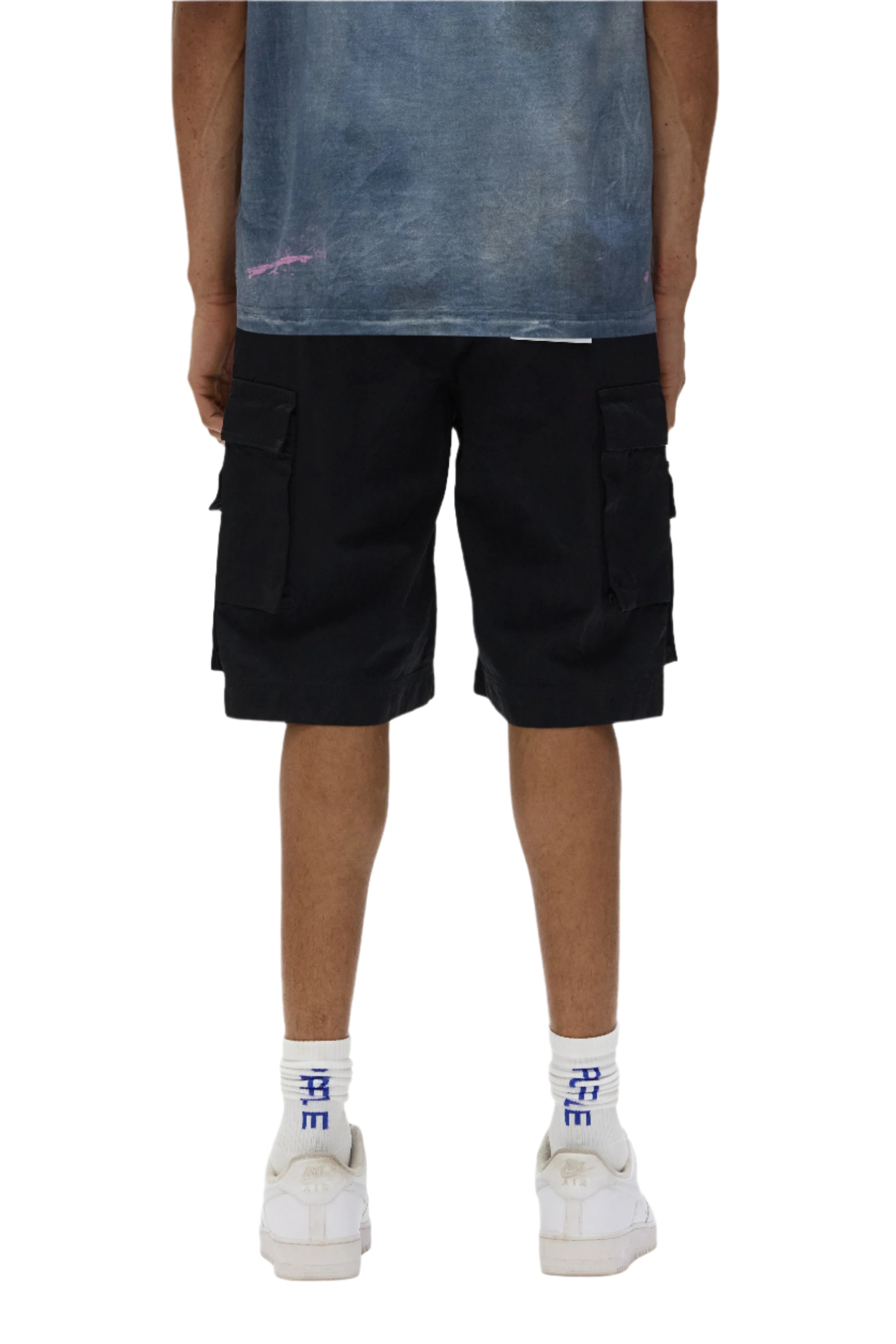 Purple Brand black sateen cargo shorts with utility pockets and relaxed fit laid flat
