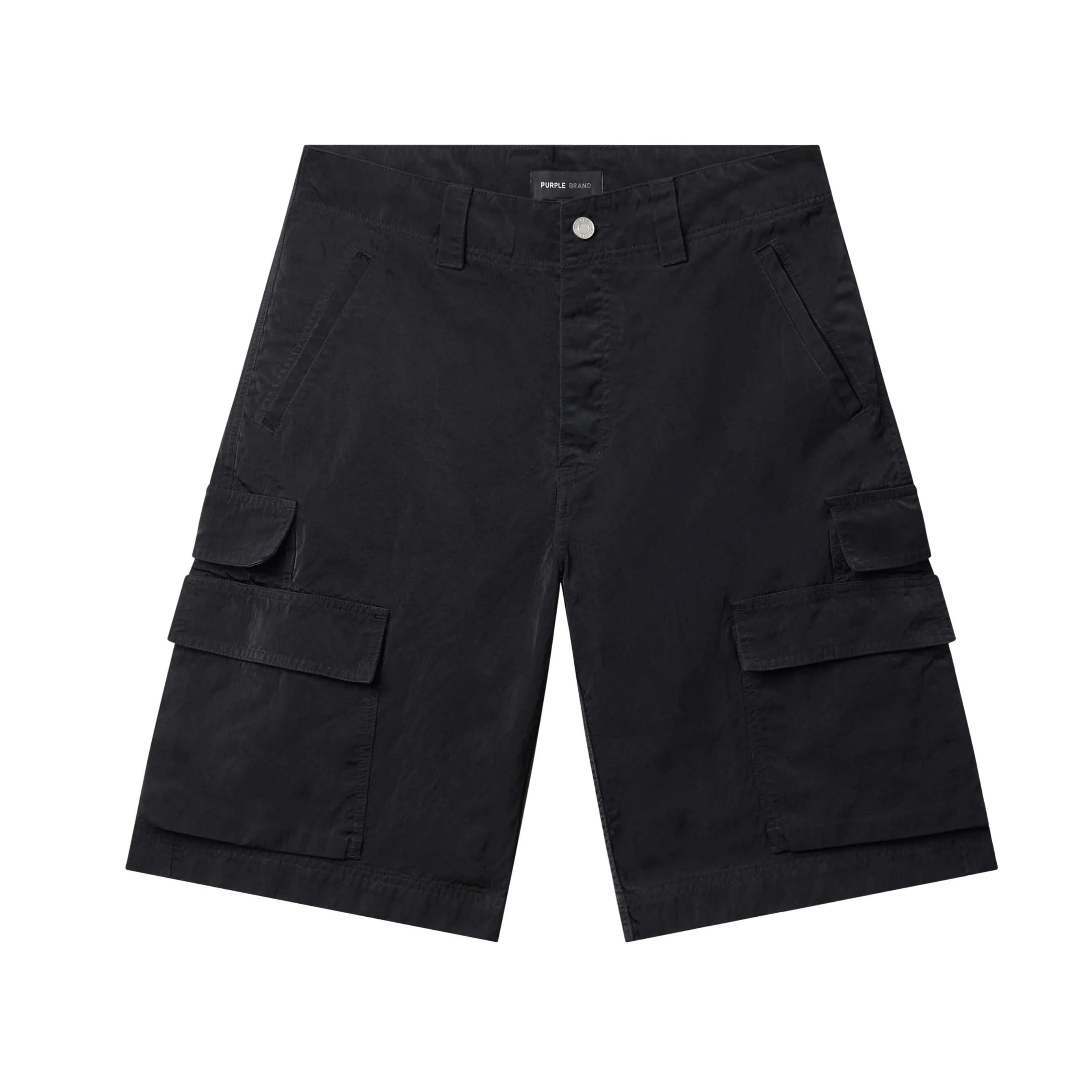 Purple Brand black sateen cargo shorts with utility pockets and relaxed fit laid flat