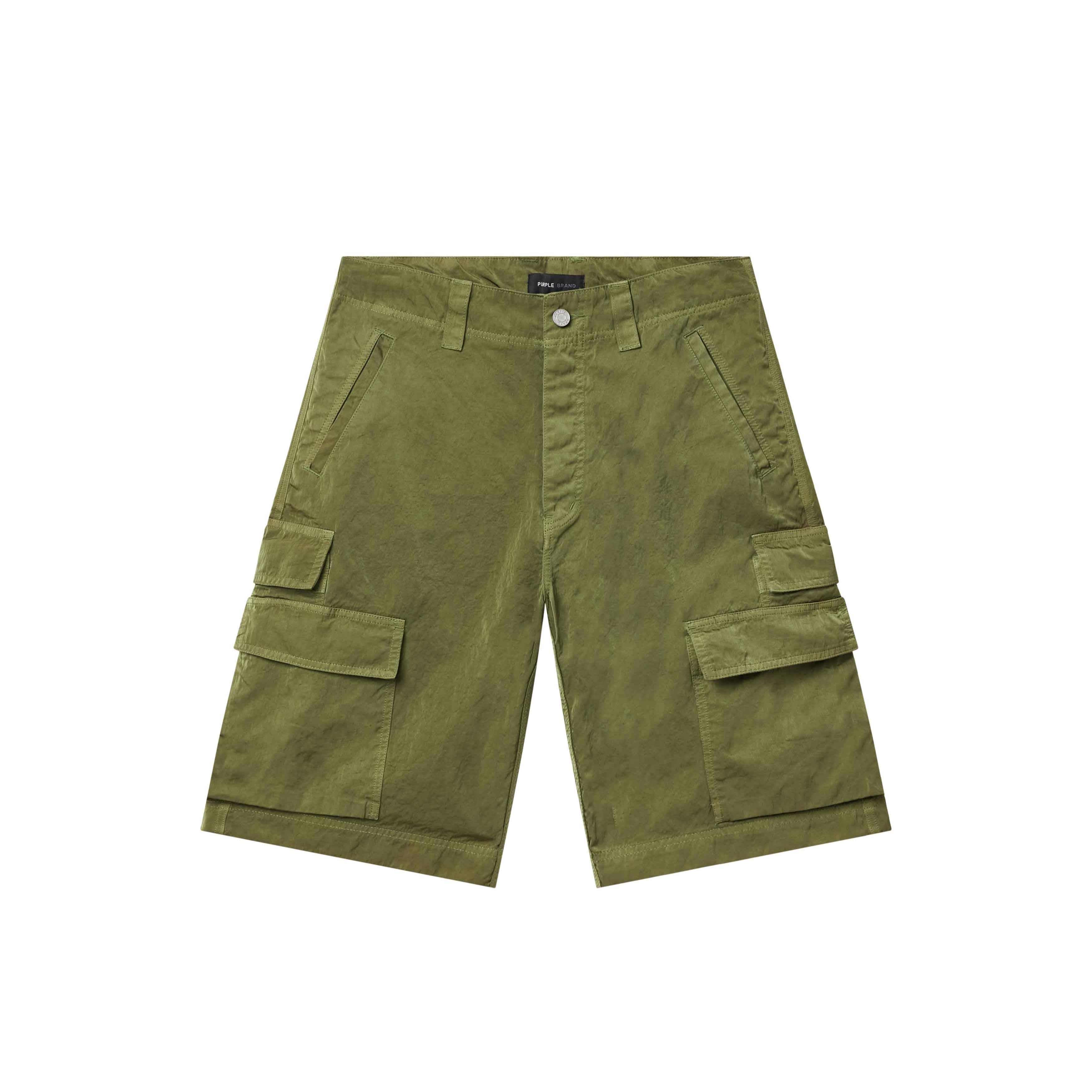 Purple Brand green sateen cargo shorts with utility pockets and relaxed fit laid flat