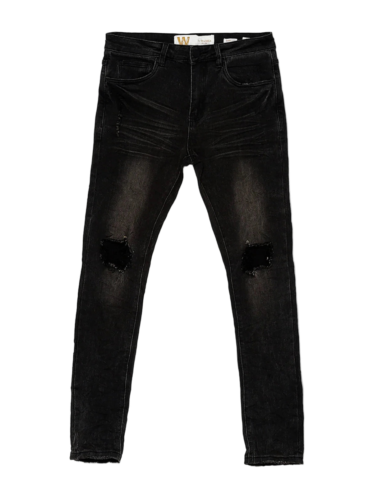 “W by Waimea Men’s Skinny Jeans: trendy blow-out knee design in stretchy woven denim (95% cotton, 3% rayon, 2% spandex). Sleek, stylish, and durable.”