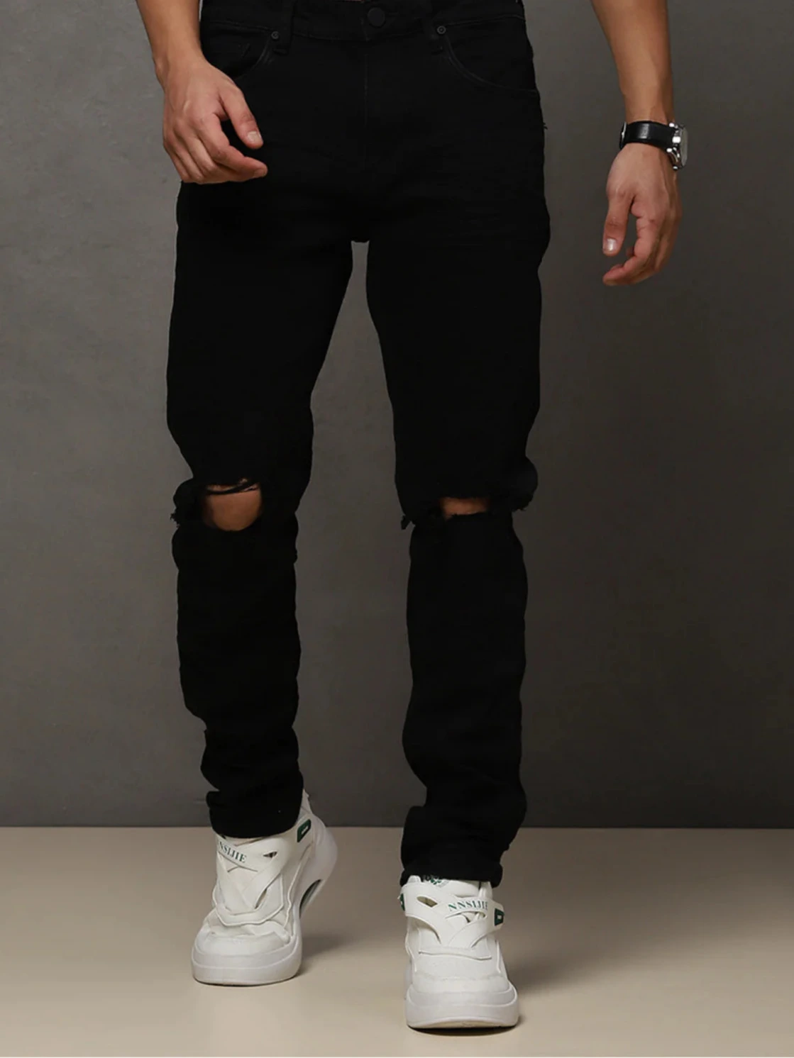 “W by Waimea Men’s Skinny Jeans: trendy blow-out knee design in stretchy woven denim (95% cotton, 3% rayon, 2% spandex). Sleek, stylish, and durable.”