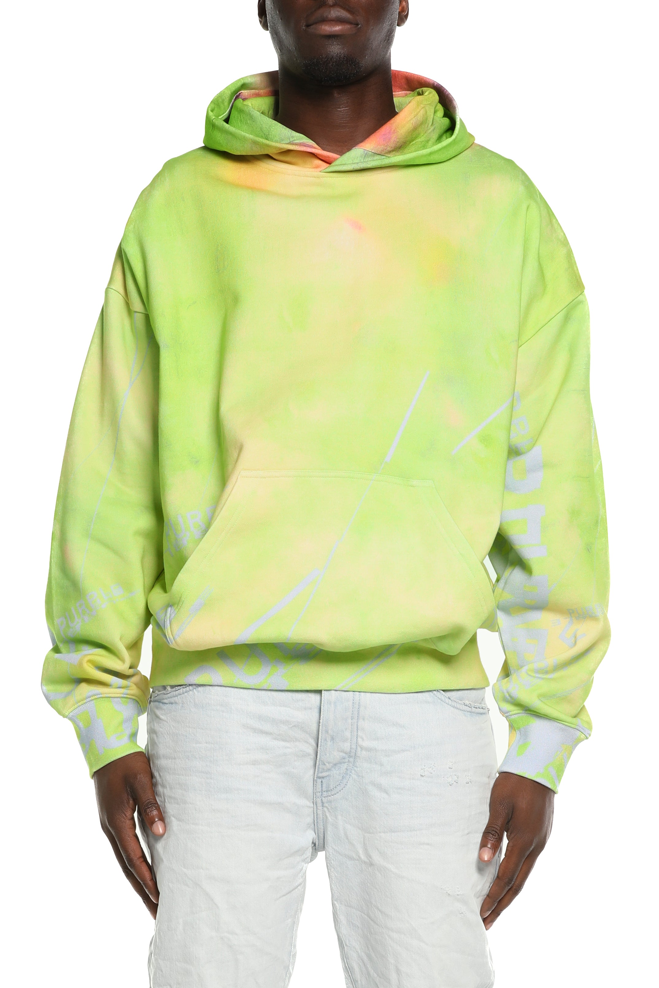 Purple Brand MWT Fleece Hoodie in white, oversized fit with heavyweight cotton fleece and kangaroo pocket