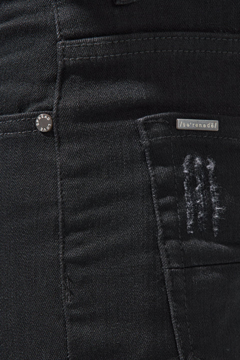 SERENEDE® Midnight Black skinny jeans in jet-black wash with high-stretch material, distressing, and branded hardware.