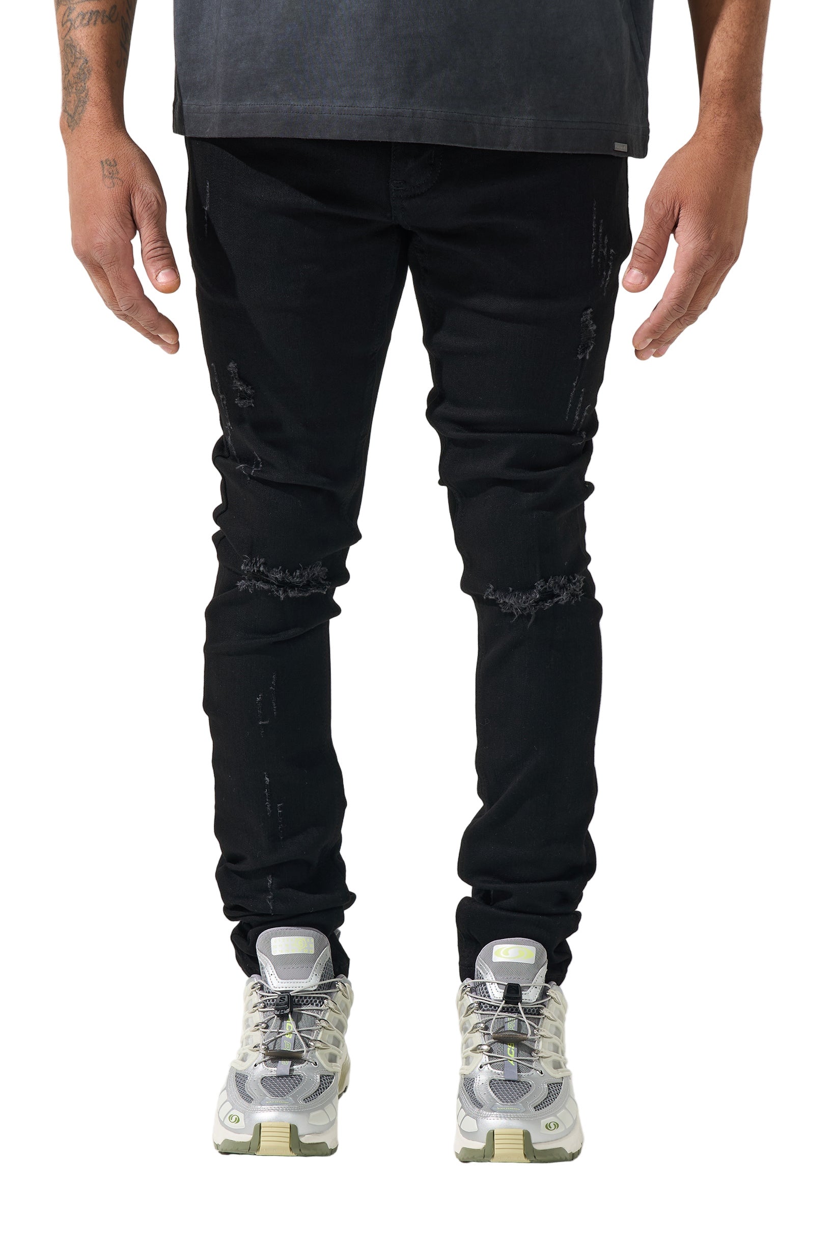 SERENEDE® Midnight Black skinny jeans in jet-black wash with high-stretch material, distressing, and branded hardware.