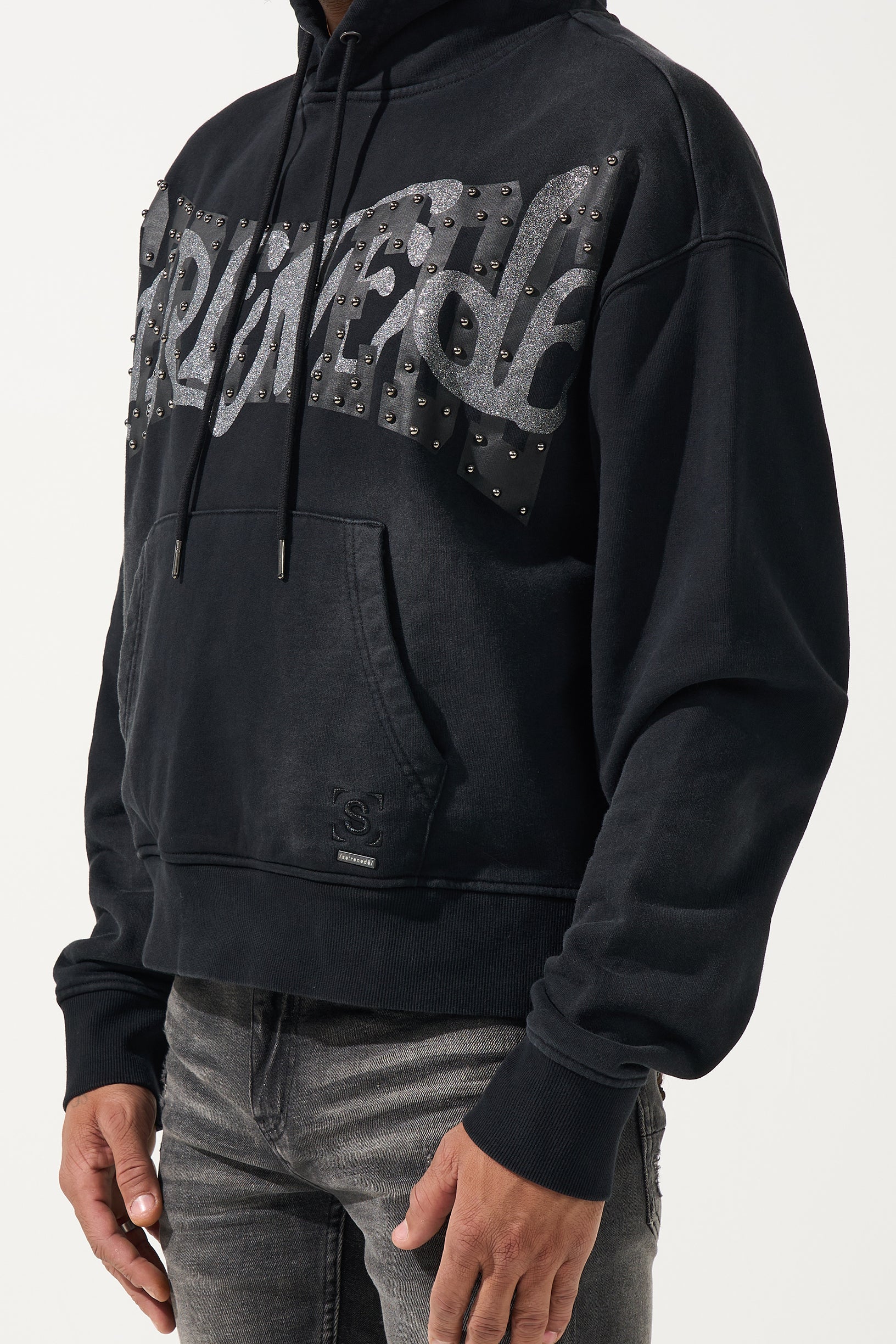 SERENEDE® Mirror Black Hoodie with vintage wash, metallic studded branding, and relaxed streetwear fit.