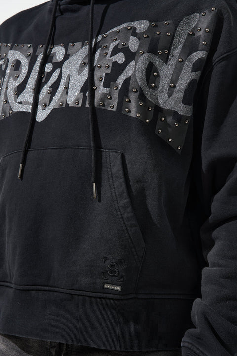 SERENEDE® Mirror Black Hoodie with vintage wash, metallic studded branding, and relaxed streetwear fit.