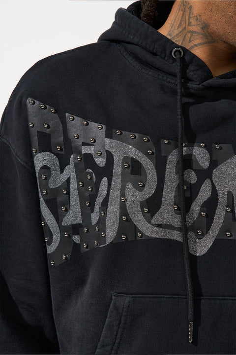 SERENEDE® Mirror Black Hoodie with vintage wash, metallic studded branding, and relaxed streetwear fit.