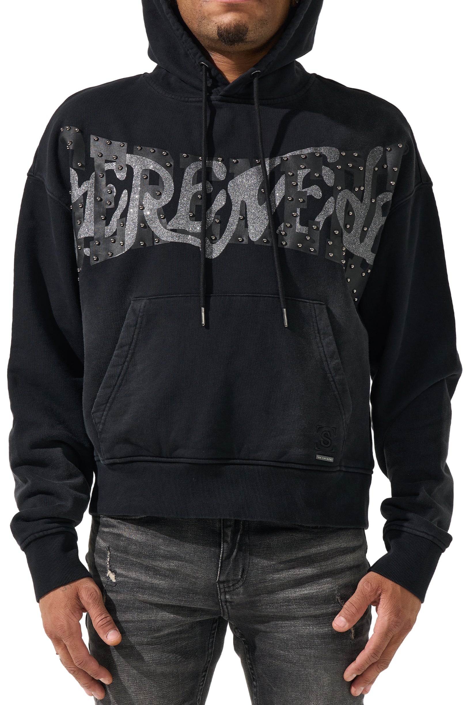 SERENEDE® Mirror Black Hoodie with vintage wash, metallic studded branding, and relaxed streetwear fit.