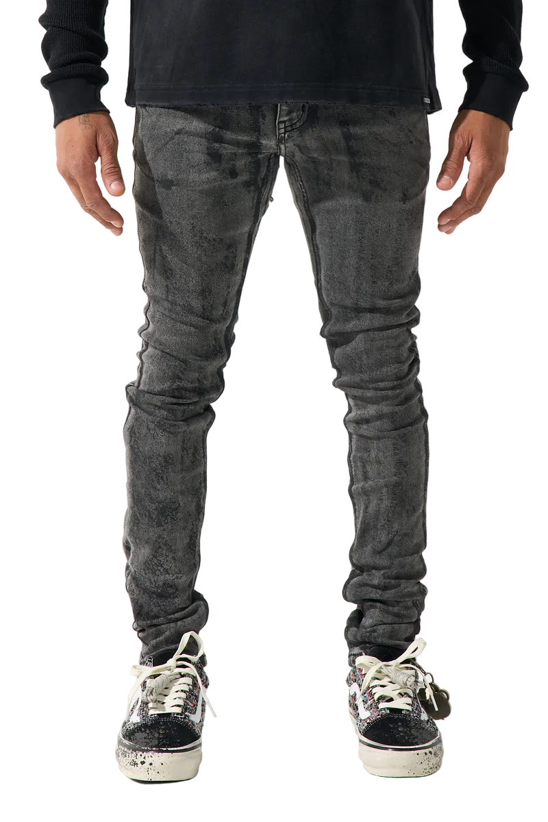 SERENEDE MOONROCK men's jeans in a vintage black wash with black dye accents, distressed detailing, and signature fitted construction.
