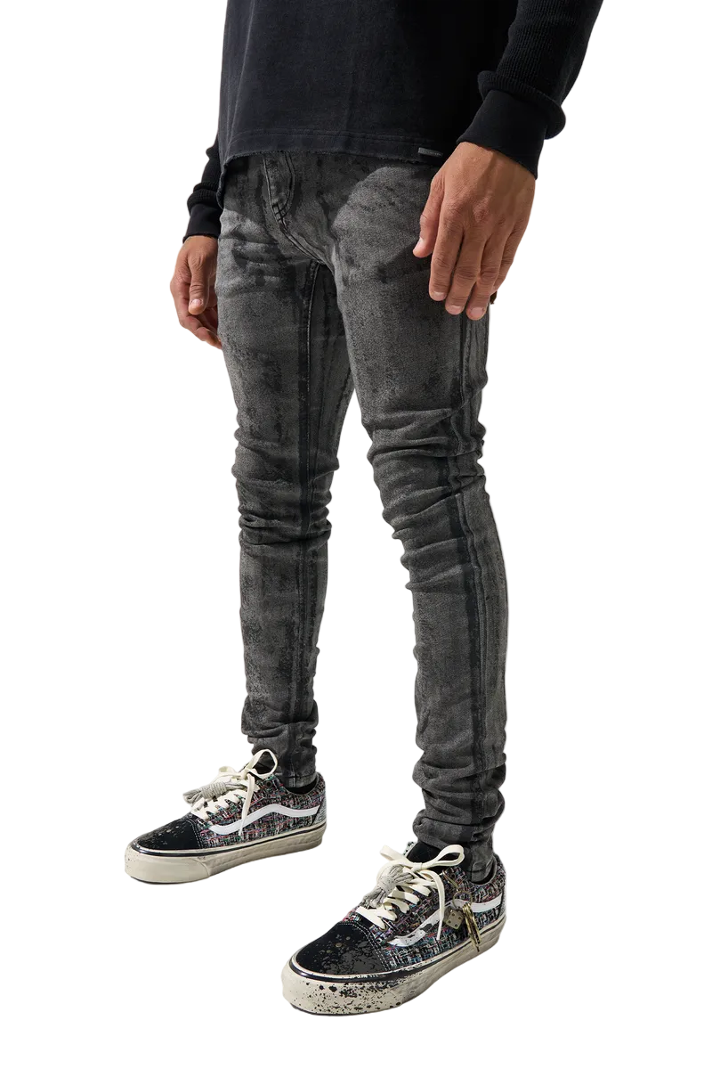 SERENEDE MOONROCK men's jeans in a vintage black wash with black dye accents, distressed detailing, and signature fitted construction.