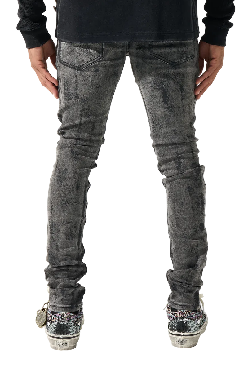 SERENEDE MOONROCK men's jeans in a vintage black wash with black dye accents, distressed detailing, and signature fitted construction.