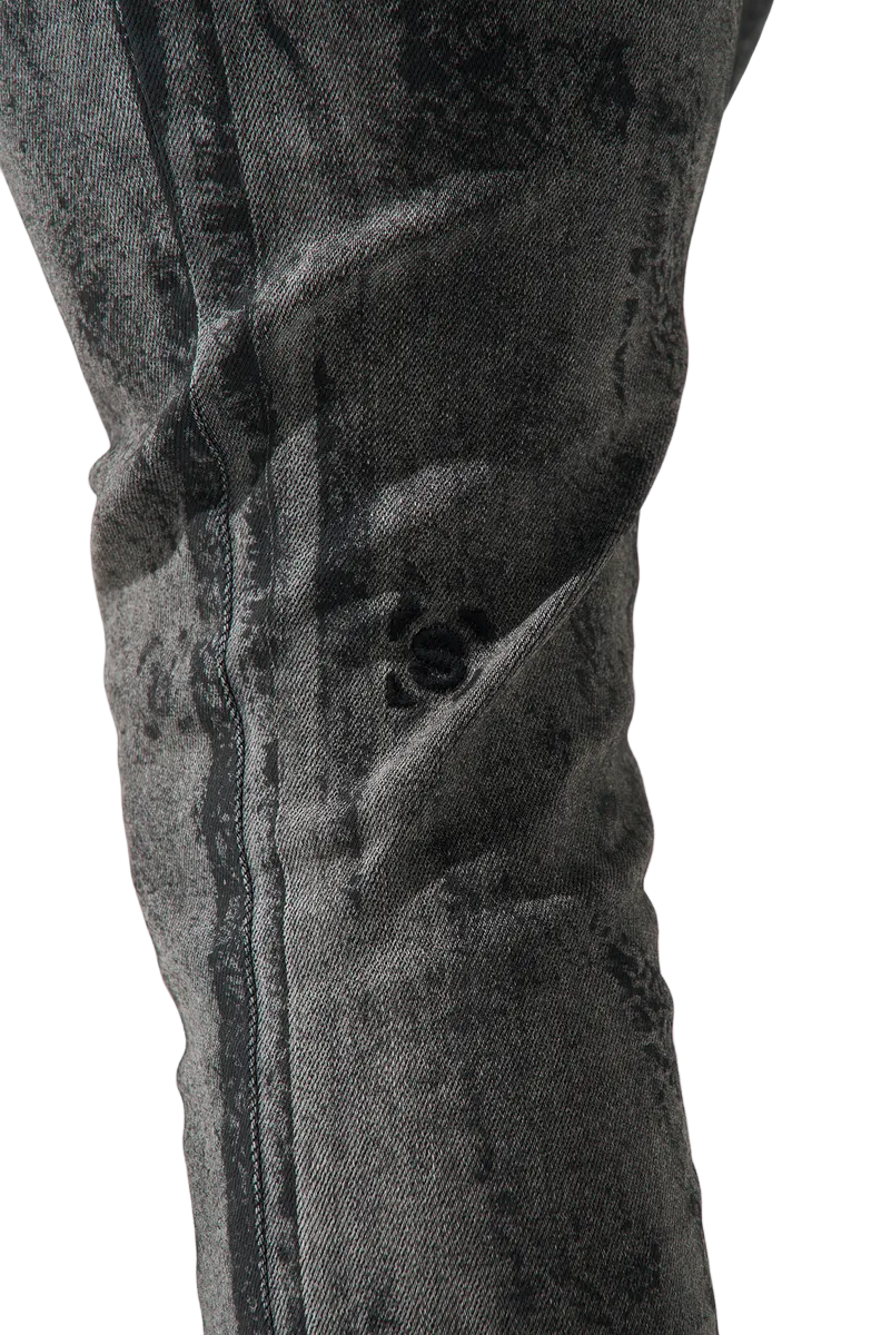 SERENEDE MOONROCK men's jeans in a vintage black wash with black dye accents, distressed detailing, and signature fitted construction.