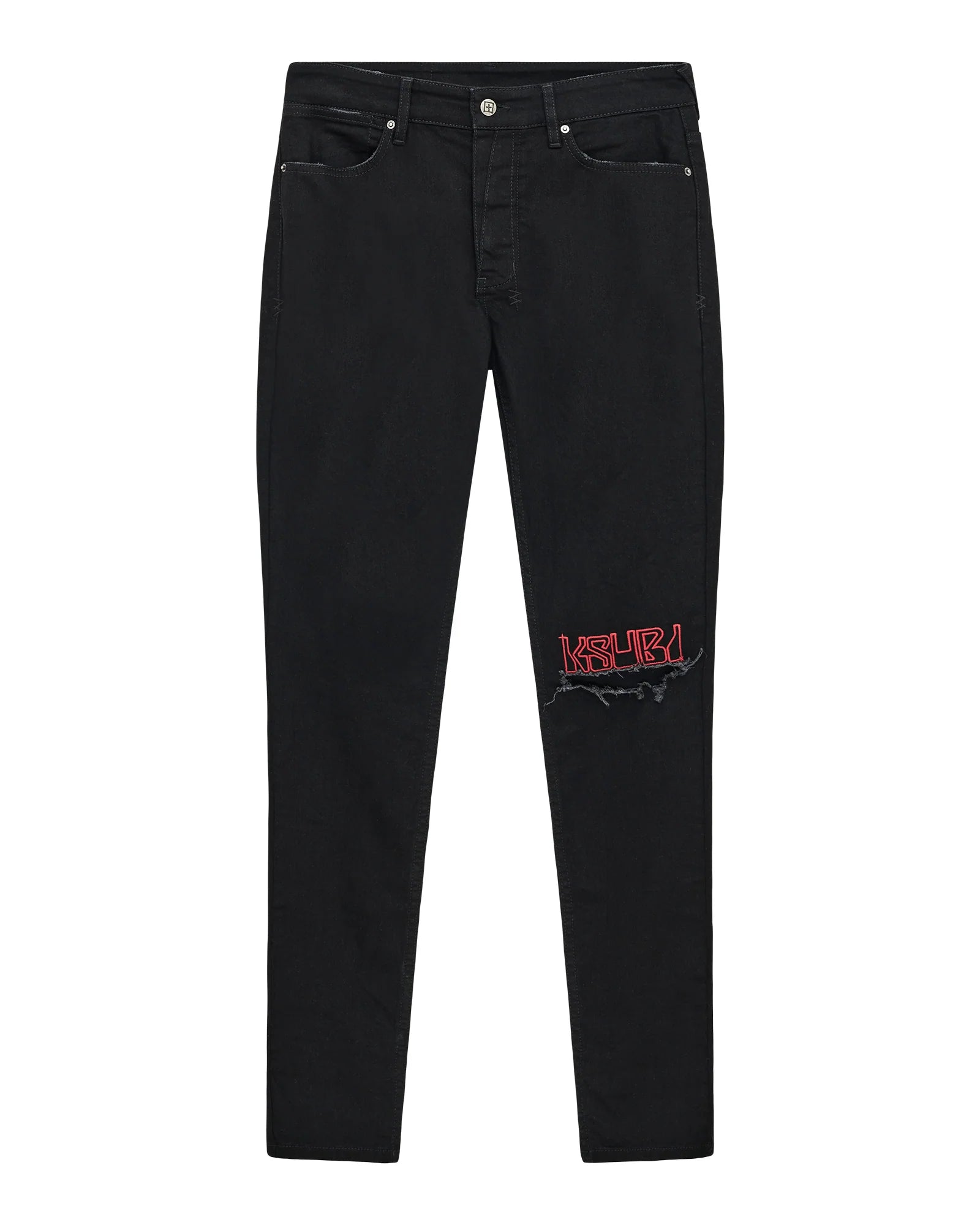 Van Winkle Laid Black Sting skinny jeans in black denim with knee deconstruction, seasonal printed art, and Ksubi signature embroidery
