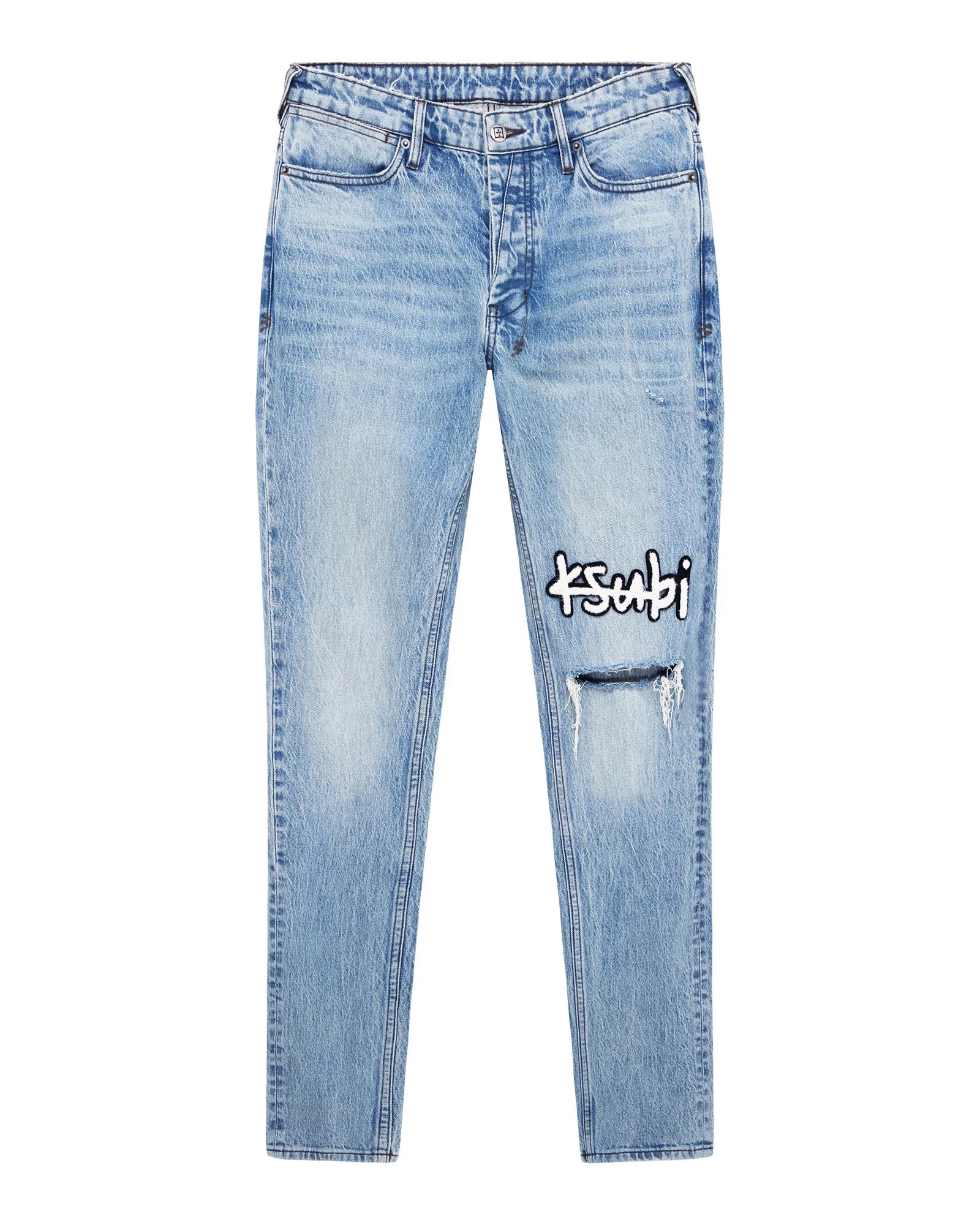 Van Winkle Painter 1999 mid-rise skinny jeans with medium stone wash, boucle knee patch, and Ksubi signature embroidery