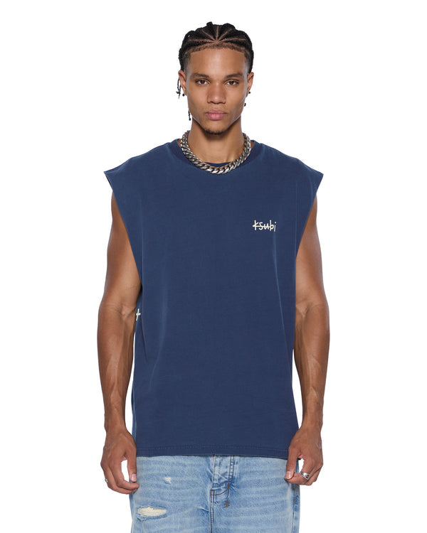 Ksubi All Day Biggie Cut Off Tee Deep in sleeveless oversized fit with crest embroidery and raw hem