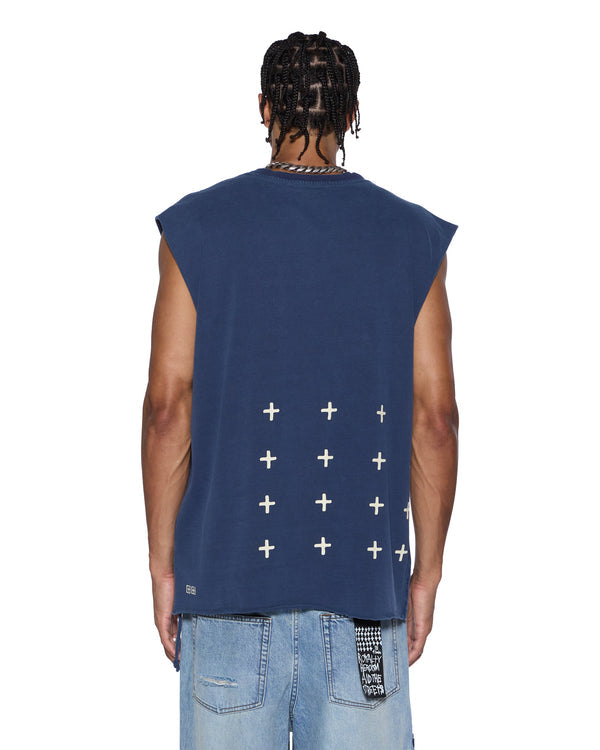 Ksubi All Day Biggie Cut Off Tee Deep in sleeveless oversized fit with crest embroidery and raw hem