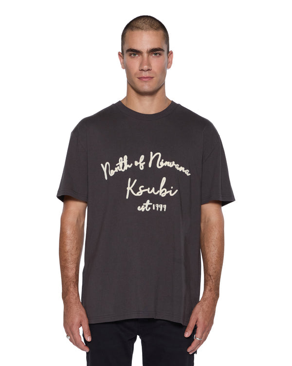 Ksubi Salud Biggie SS Tee Faded Black oversized short sleeve t-shirt with chainstitch front art and raw hem