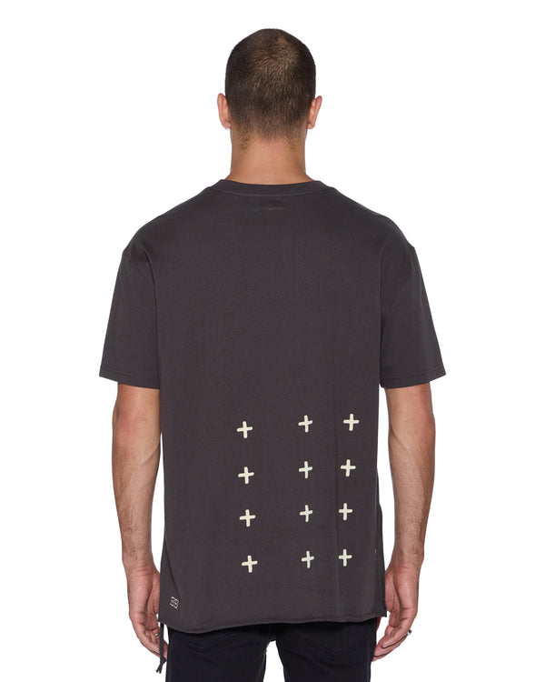 Ksubi Salud Biggie SS Tee Faded Black oversized short sleeve t-shirt with chainstitch front art and raw hem