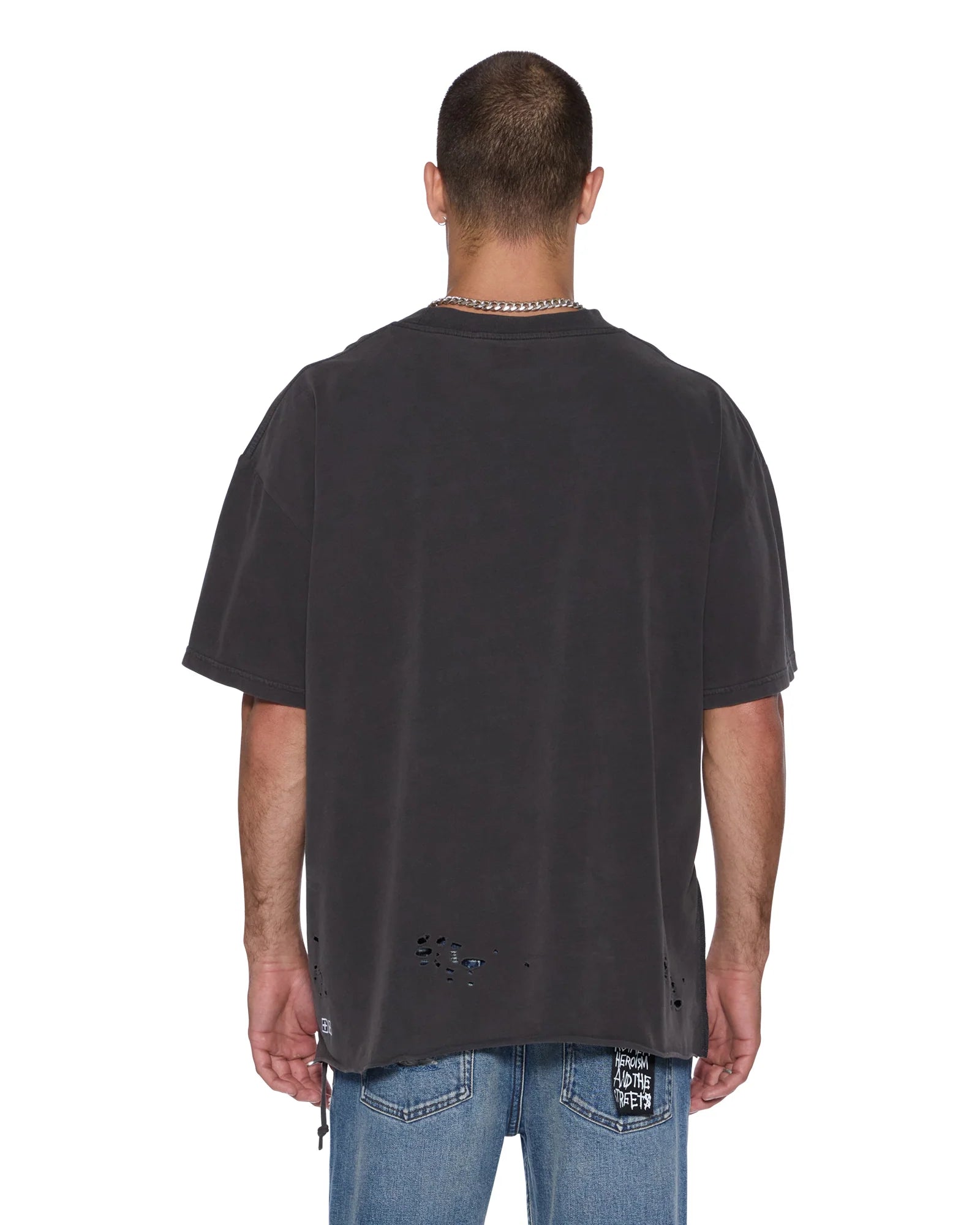 Oversized Hendrix Ekcess SS Tee in Old Black with front graphic, raw hem, and Ksubi signature embroidery