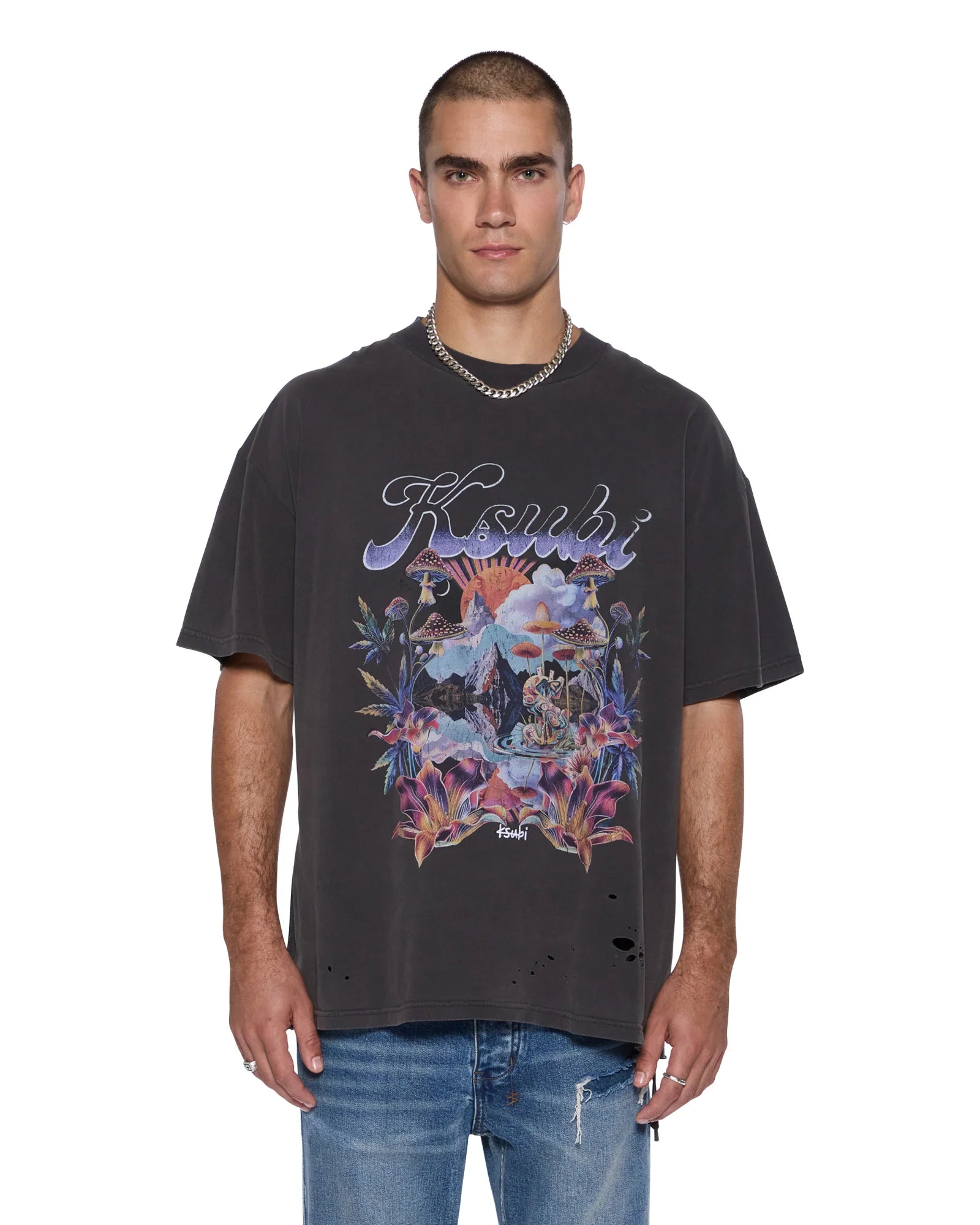 Oversized Hendrix Ekcess SS Tee in Old Black with front graphic, raw hem, and Ksubi signature embroidery
