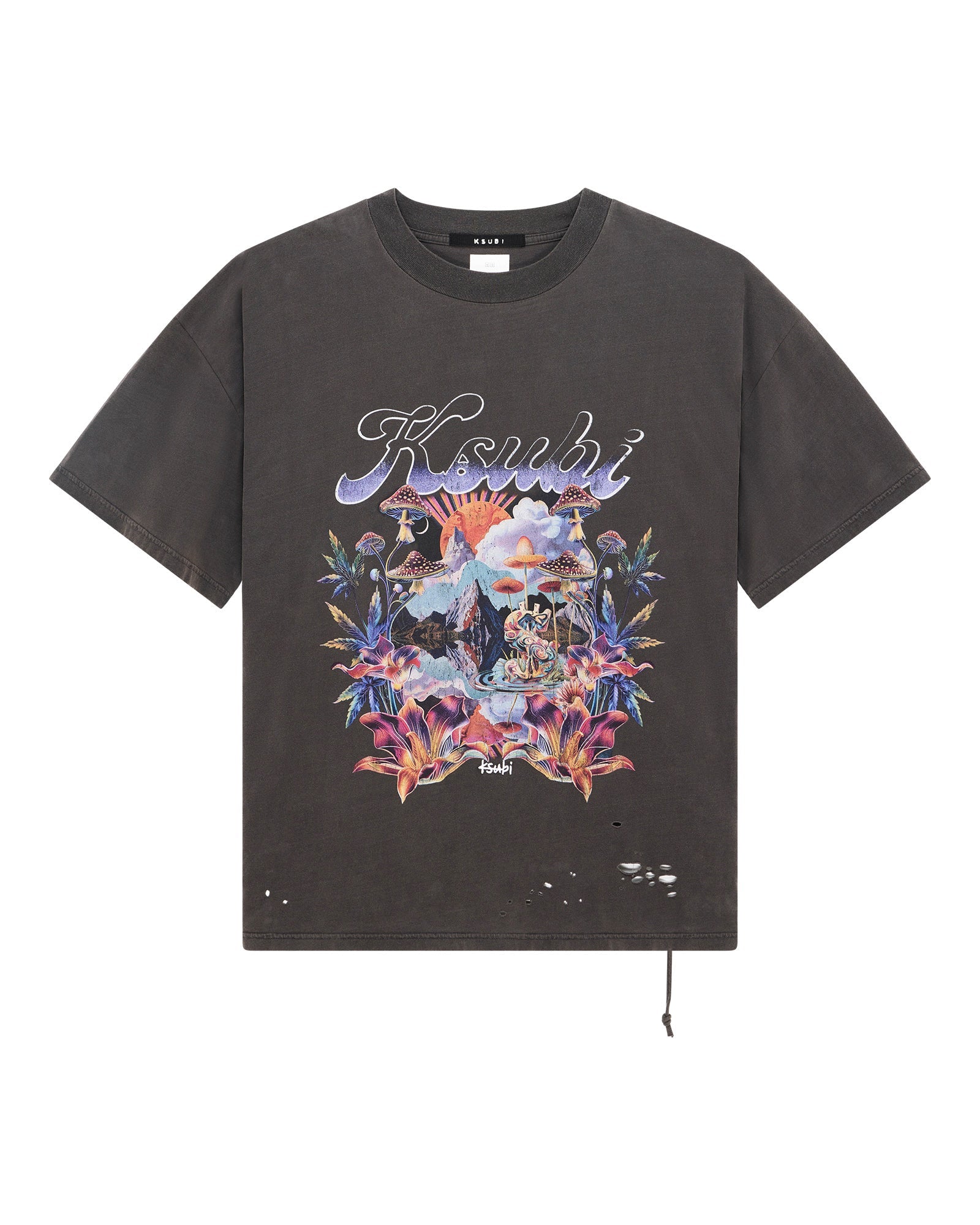 Oversized Hendrix Ekcess SS Tee in Old Black with front graphic, raw hem, and Ksubi signature embroidery