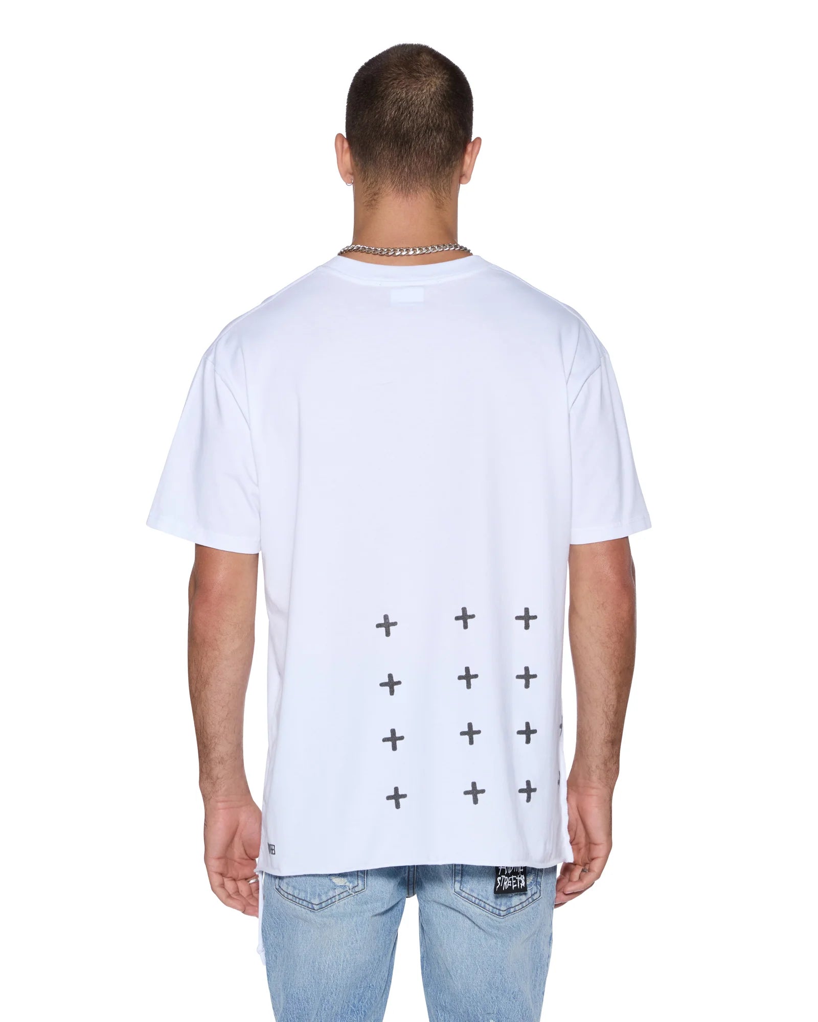 Oversized Plated Biggie SS Tee in Tru White with front flocked artwork, raw hem, and Ksubi signature embroidery