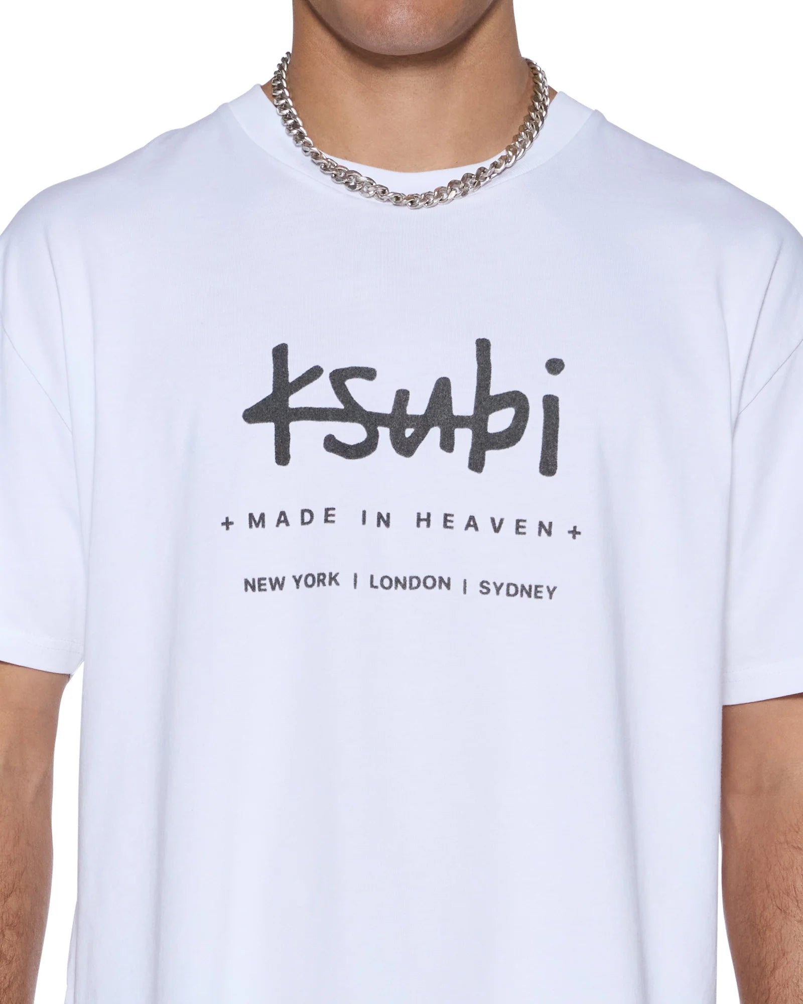 Oversized Plated Biggie SS Tee in Tru White with front flocked artwork, raw hem, and Ksubi signature embroidery