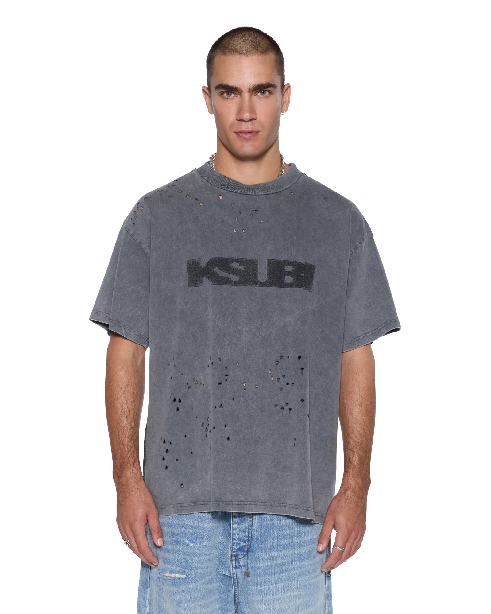 Oversized Blasted Ekcess Tee in Rhino black with front and back scatter deconstruction and Ksubi signature embroidery