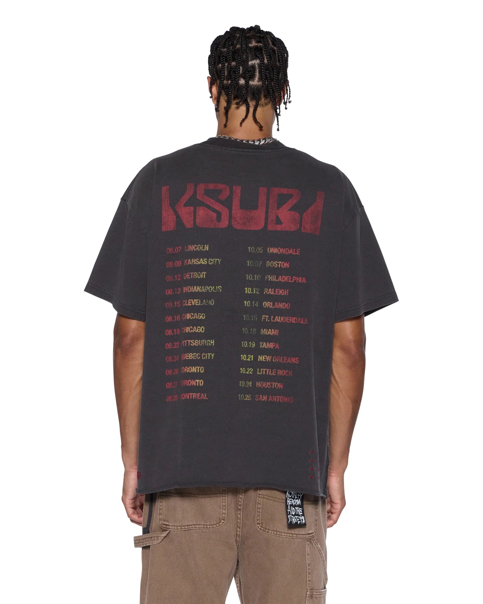 Oversized Venom Ekcess SS Tee in Faded Black with front artwork, raw hem, and Ksubi signature embroidery