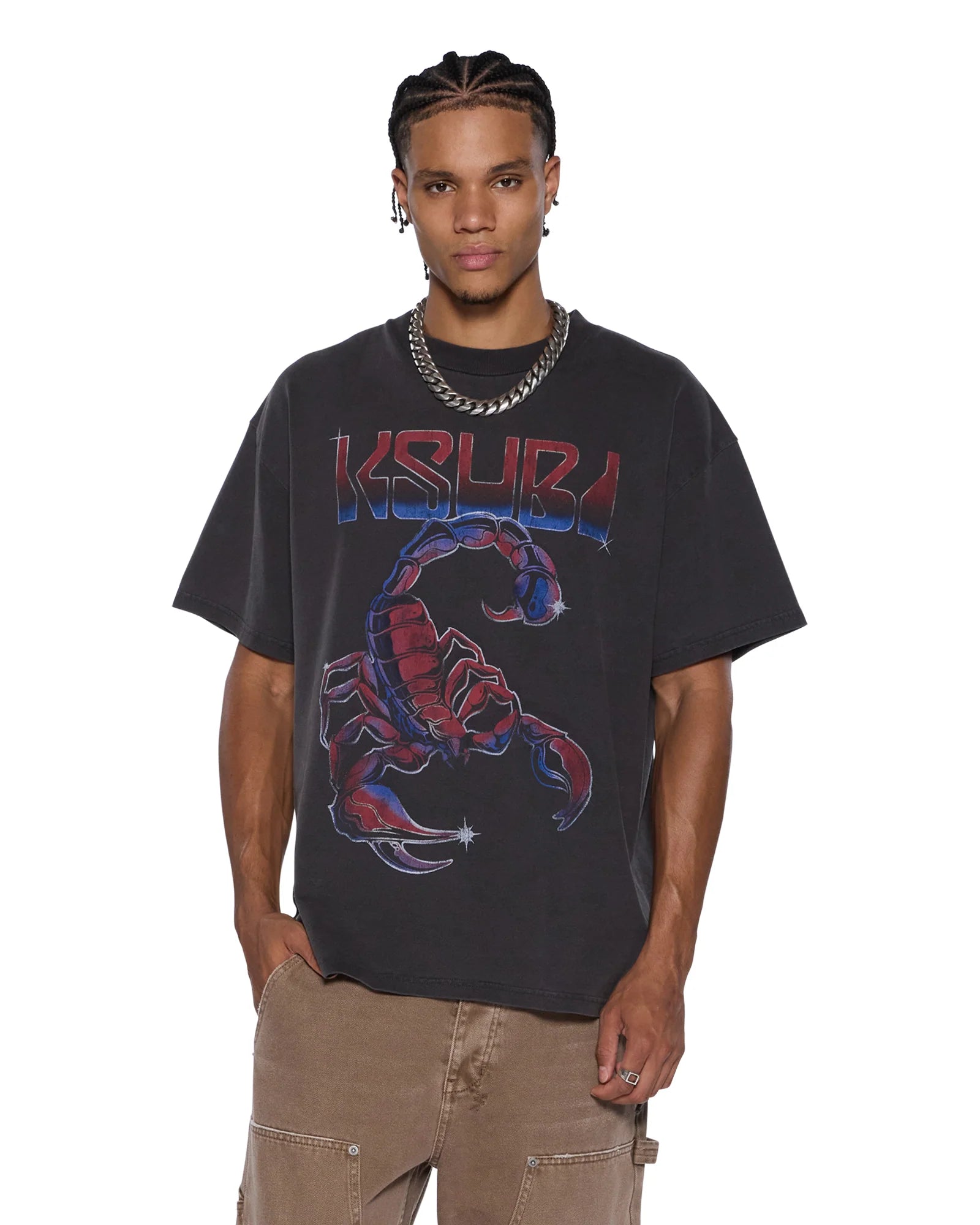 Oversized Venom Ekcess SS Tee in Faded Black with front artwork, raw hem, and Ksubi signature embroidery
