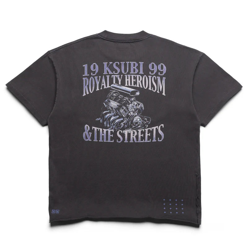 Ksubi Engine Ekcess Tee in Charcoal Grey with oversized fit, printed chest wordmark, engine graphic on back, and T-box and 4x4 embroidery