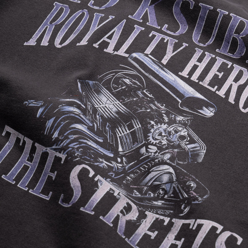 Ksubi Engine Ekcess Tee in Charcoal Grey with oversized fit, printed chest wordmark, engine graphic on back, and T-box and 4x4 embroidery