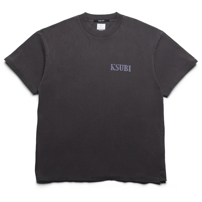 Ksubi Engine Ekcess Tee in Charcoal Grey with oversized fit, printed chest wordmark, engine graphic on back, and T-box and 4x4 embroidery