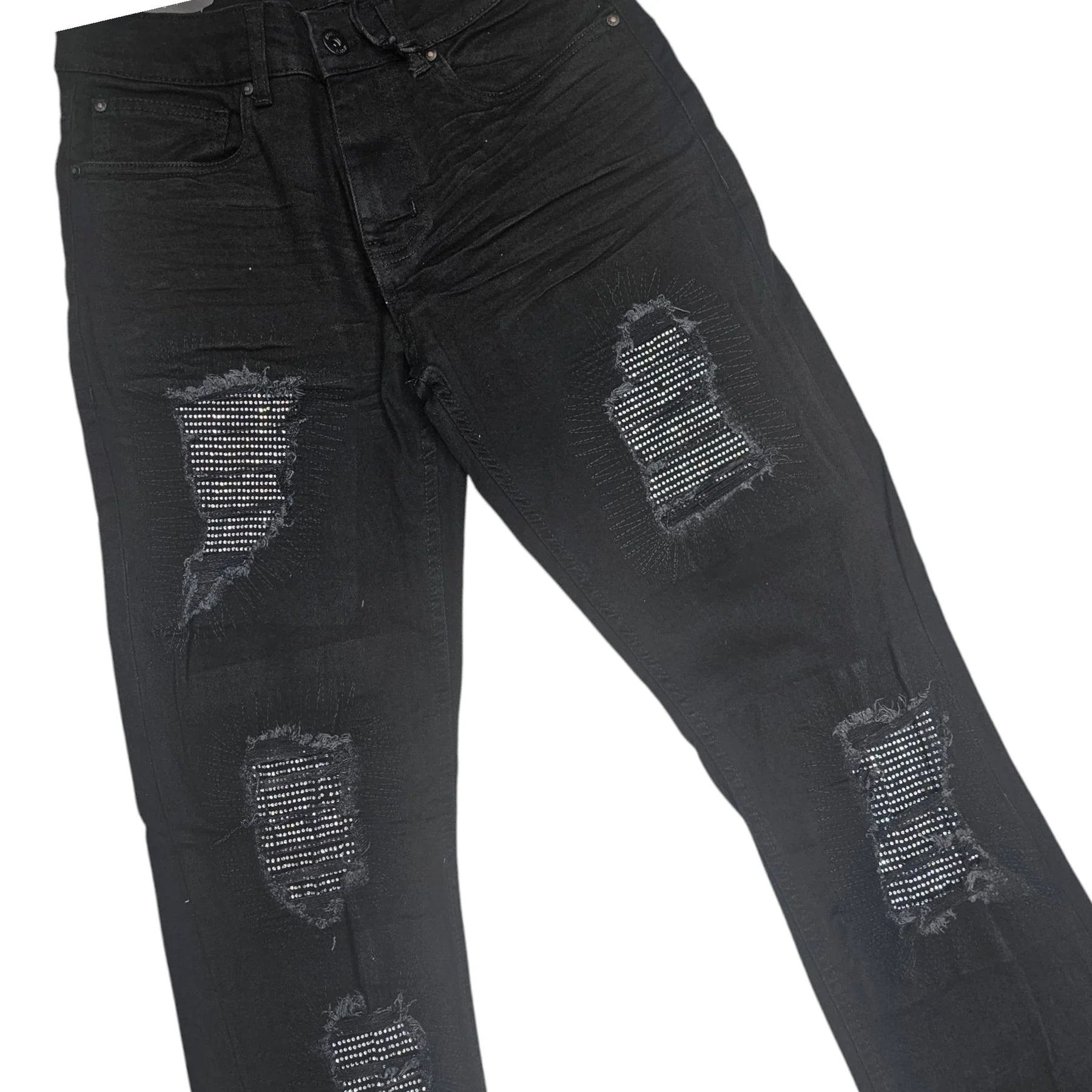  Jet black flare jeans with rhinestone detailing and front distressed rips revealing patterned fabric.
