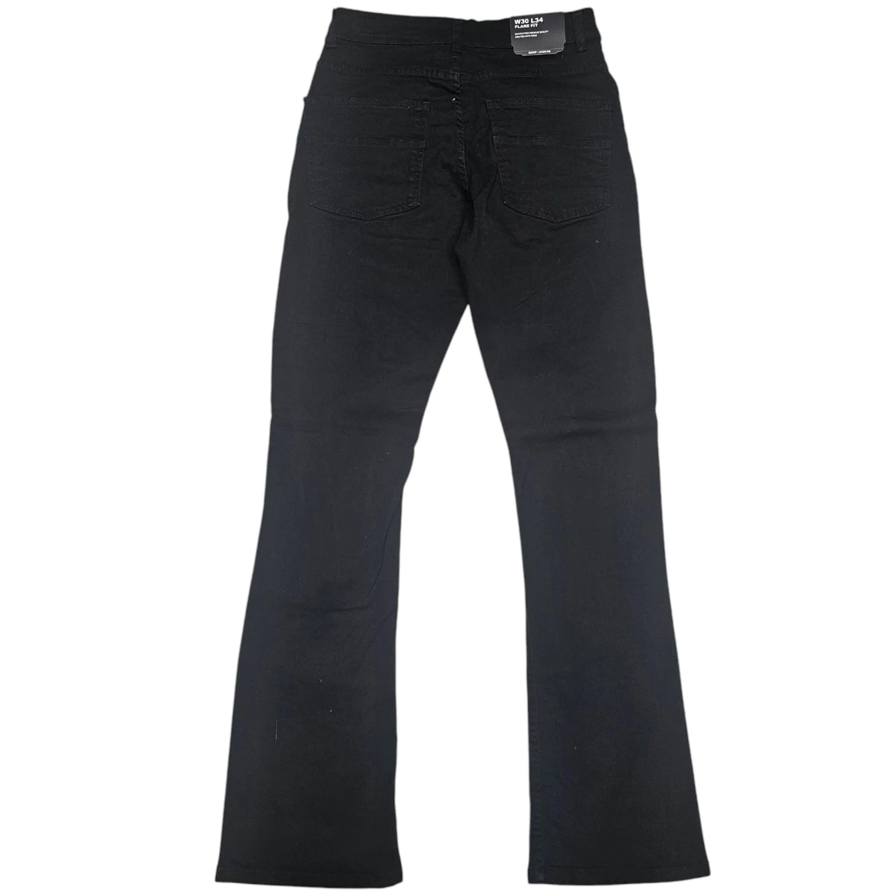  Jet black flare jeans with rhinestone detailing and front distressed rips revealing patterned fabric.