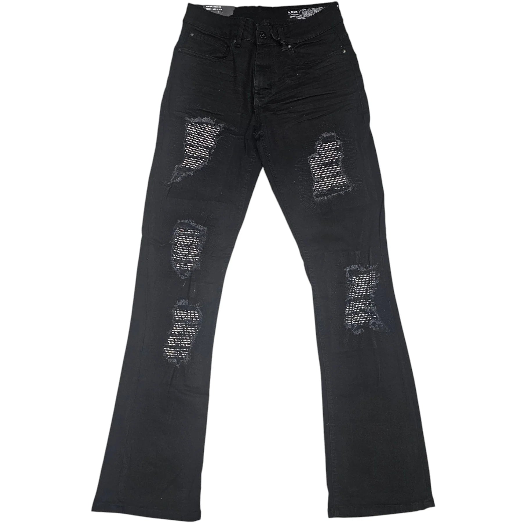  Jet black flare jeans with rhinestone detailing and front distressed rips revealing patterned fabric.