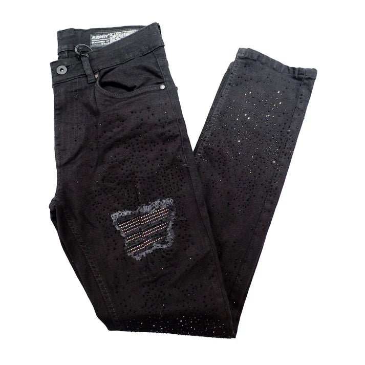 Make a bold statement with these M. Society black jeans, combining rugged distressing with a flash of rhinestone sparkle. The jet-black denim is elevated with shimmering details and raw edge rips for a modern streetwear vibe that stands out day or night.