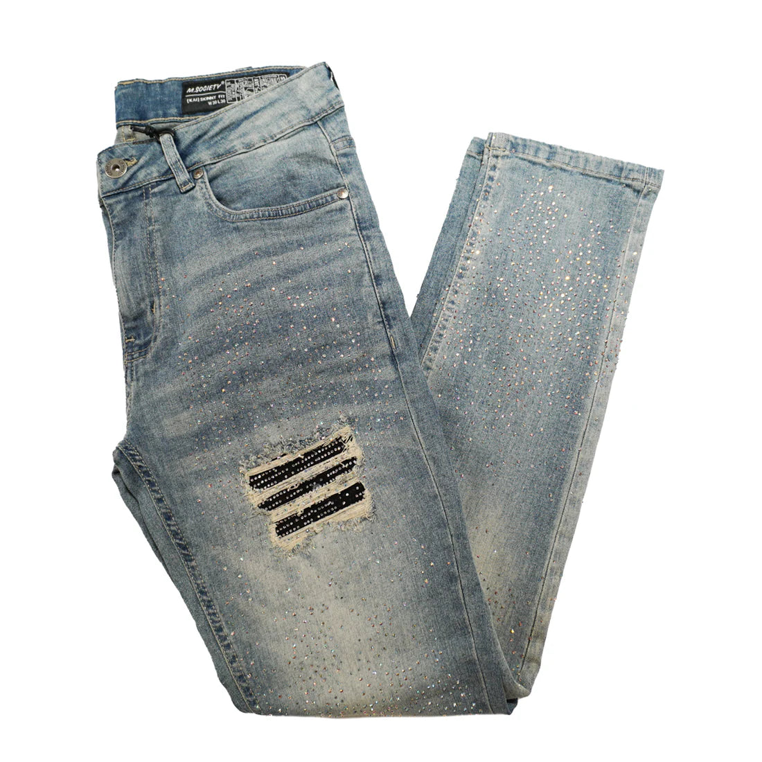  Vintage wash slim-fit jeans with rhinestone detailing, ripped knees, and contrast patchwork.