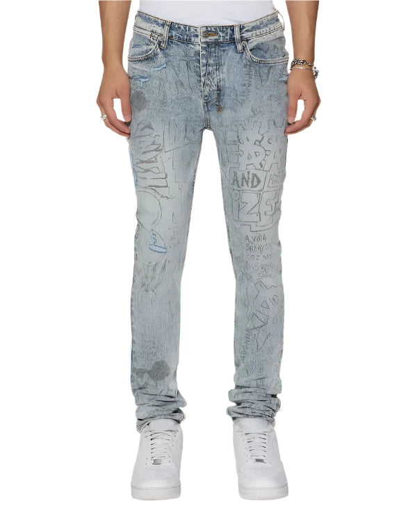 Van Winkle Bunker Blue Noize Skinny Jeans with All-Over Print and Stone Wash