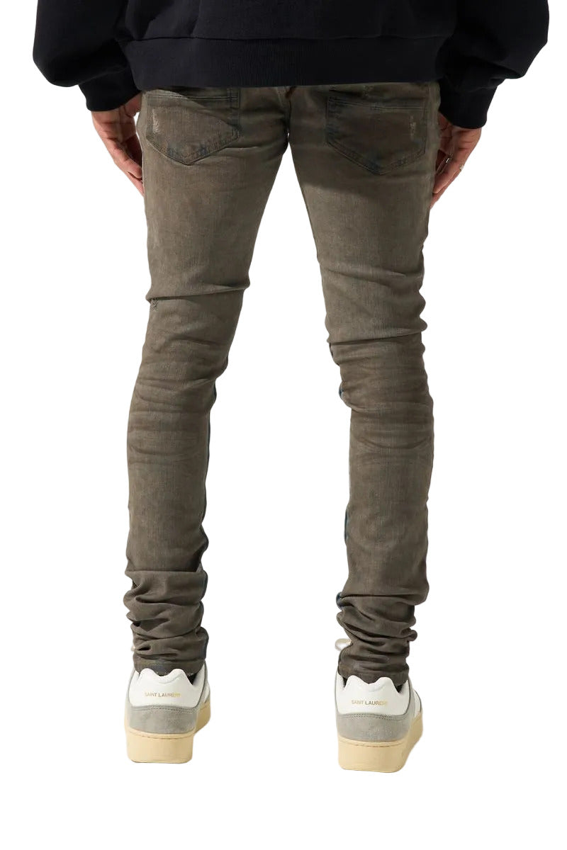 SERENEDE® Nightfall fitted denim jeans in night blue wash with whiskering, overdye finish, and signature branded details.