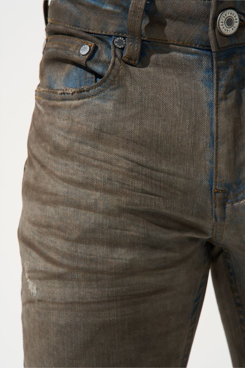 SERENEDE® Nightfall fitted denim jeans in night blue wash with whiskering, overdye finish, and signature branded details.