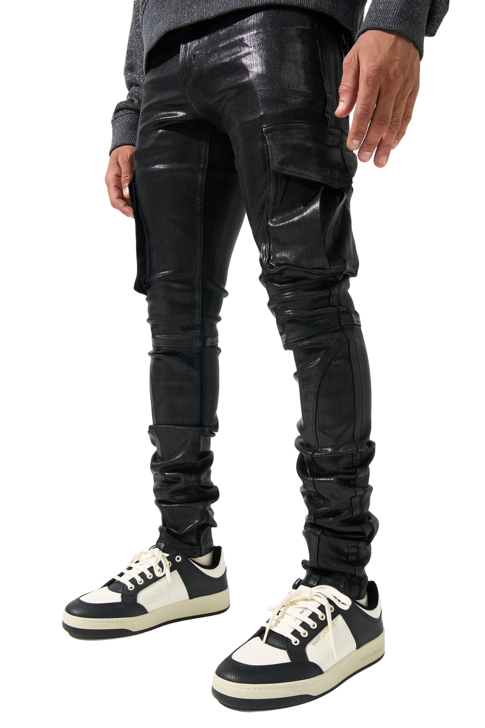 SERENEDE® Onyx black cargo jeans with resin wax coating, multi-pocket styling, fitted construction, and branded details